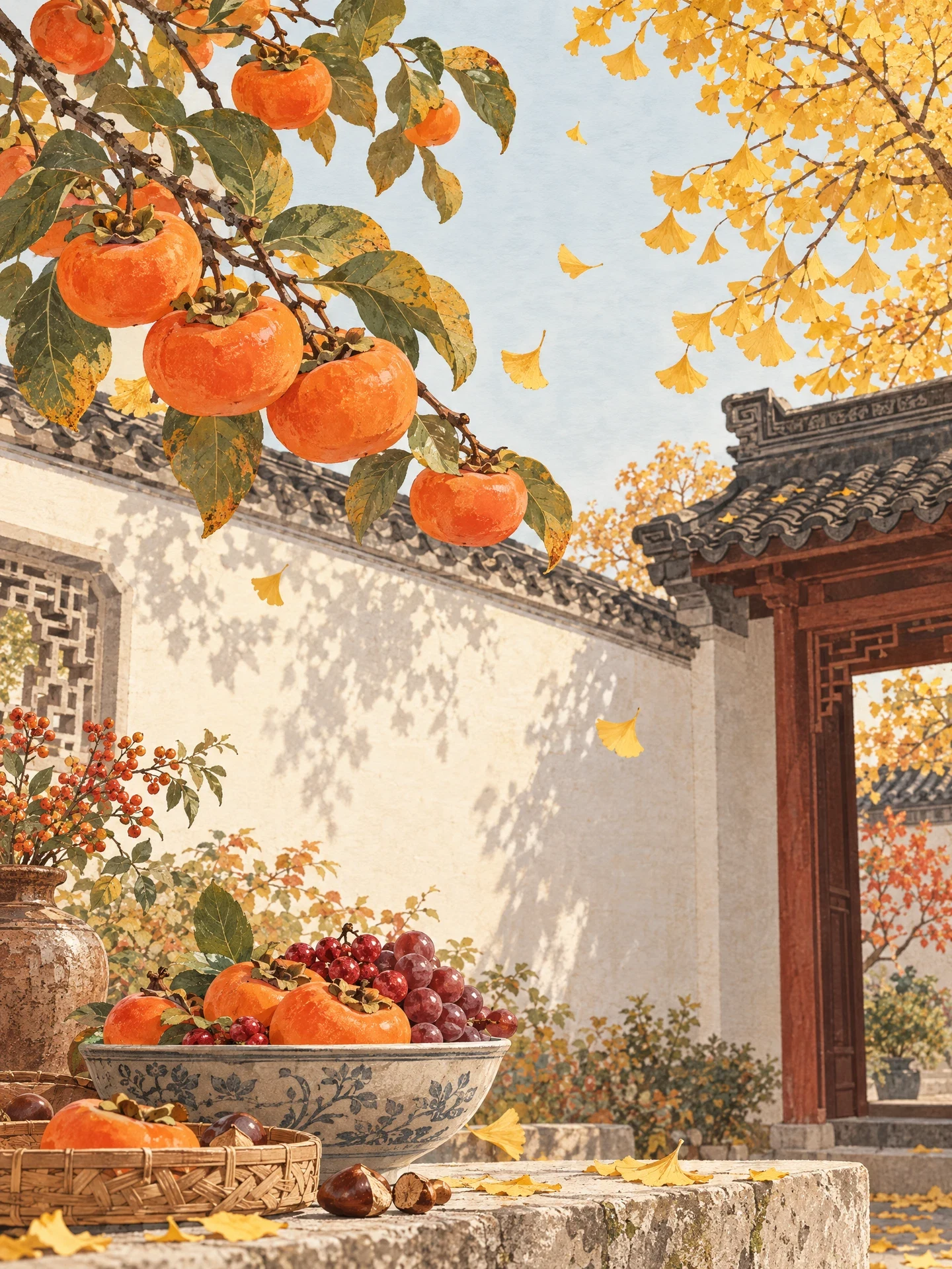 Ripe orange persimmons and golden leaves in a sunlit courtyard, with a harvest bowl on a wooden table.