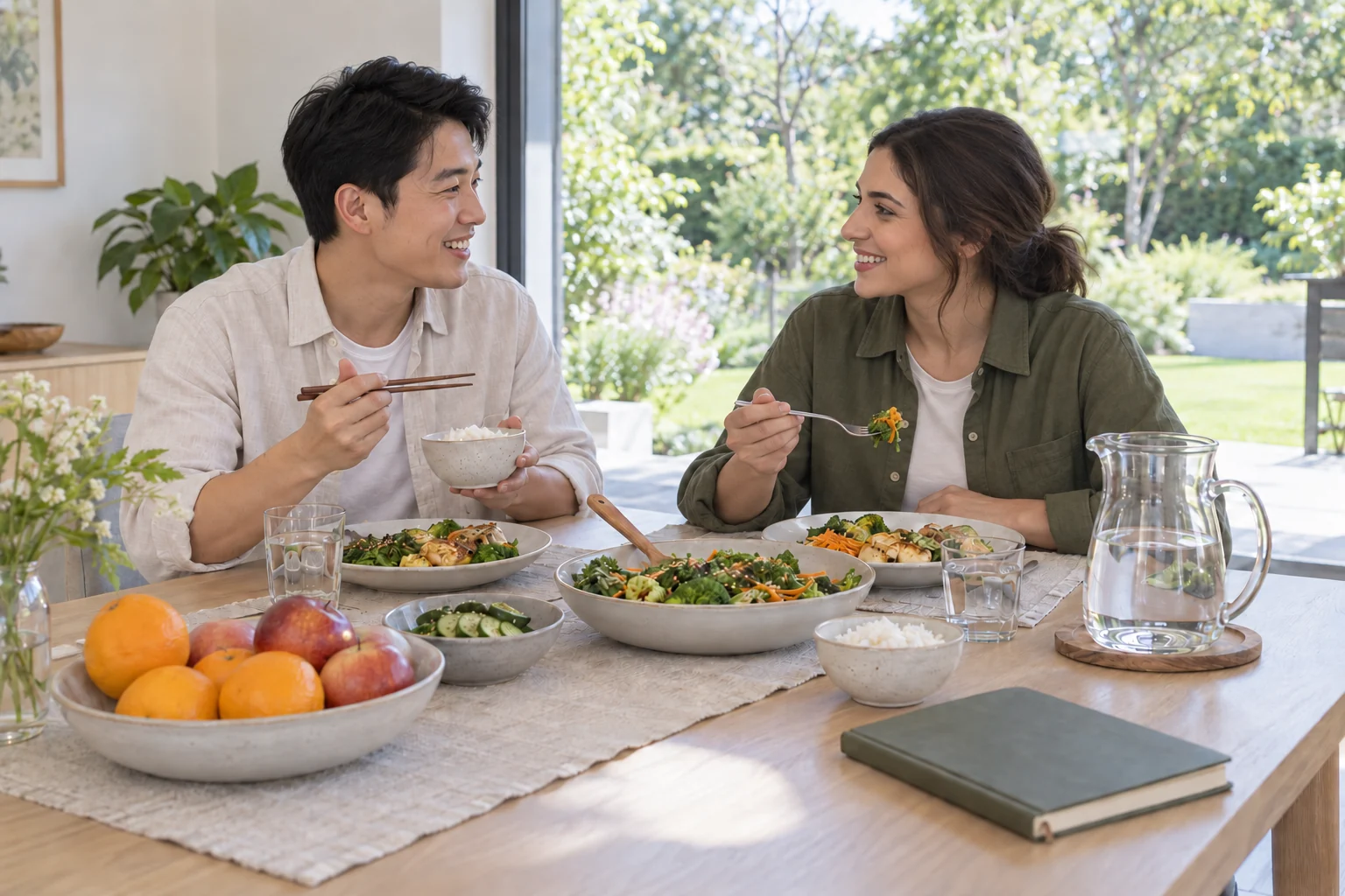 An East Asian man and a woman share an ordinary varied meal at home.