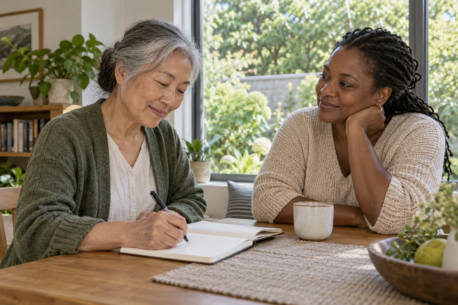 An older East Asian woman writing while another woman listens beside her.