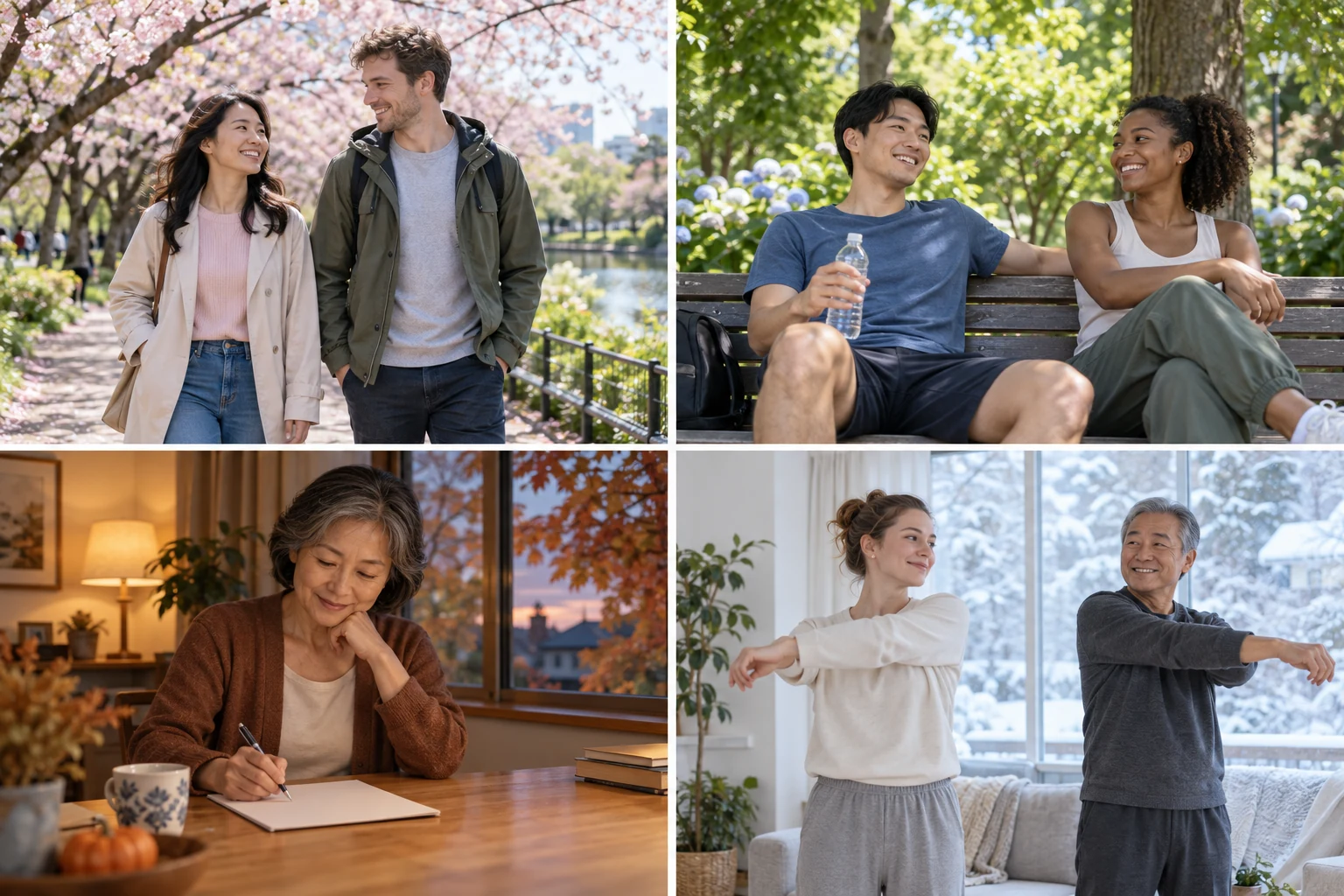 Four modern daily-care scenes: spring walking, summer rest in shade, autumn evening planning, and gentle winter mobility.