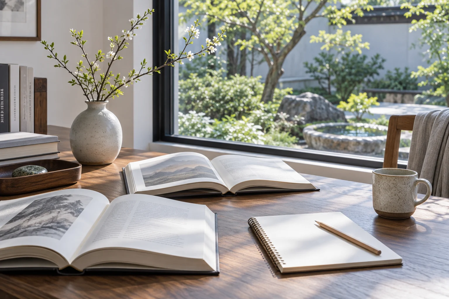 Open books and a notebook beside a garden-facing window.