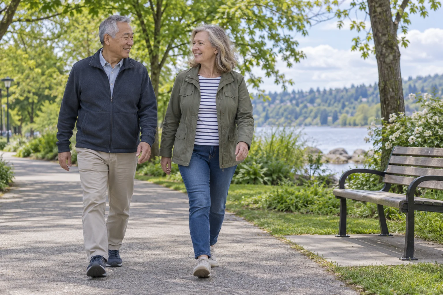 An older East Asian man and a woman walking on a level park path beside a bench.