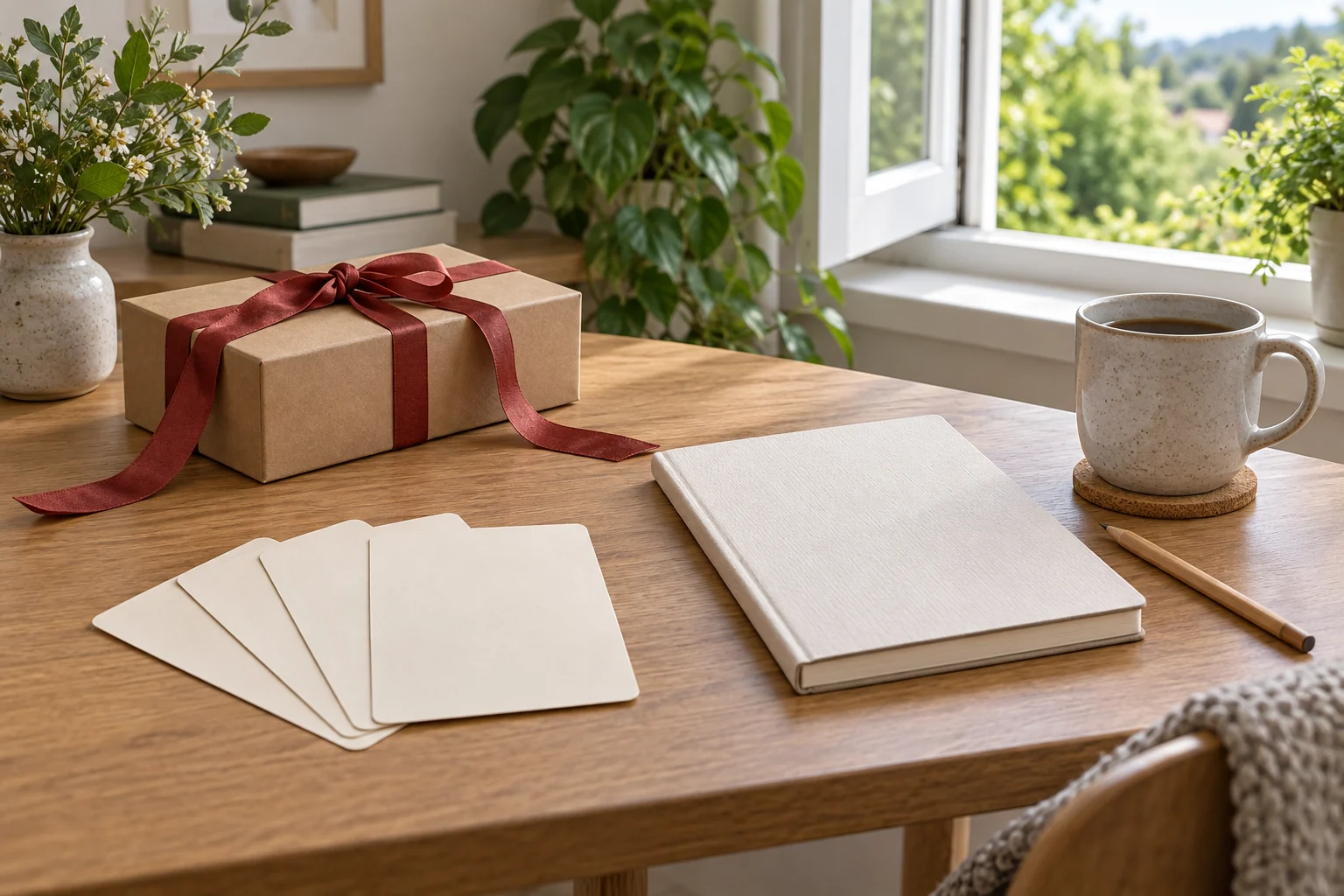 Reading cards, a notebook, a plain gift box, and a mug on a table.