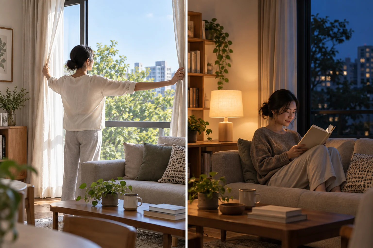 The same woman opening curtains in the morning and reading in a dimmer room at night.
