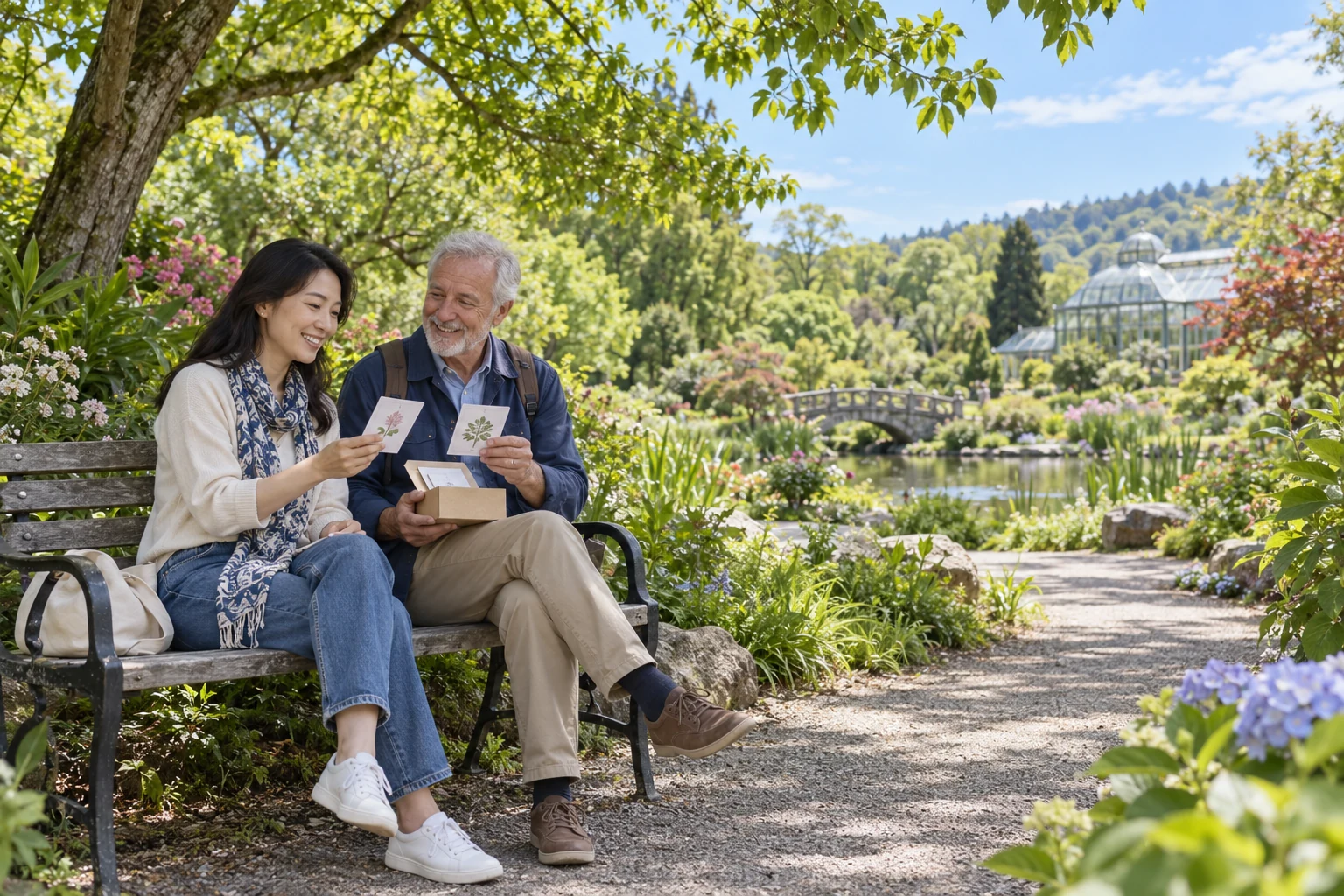 An East Asian woman sharing a modest reading gift with an older European man on a bench in a leafy garden.