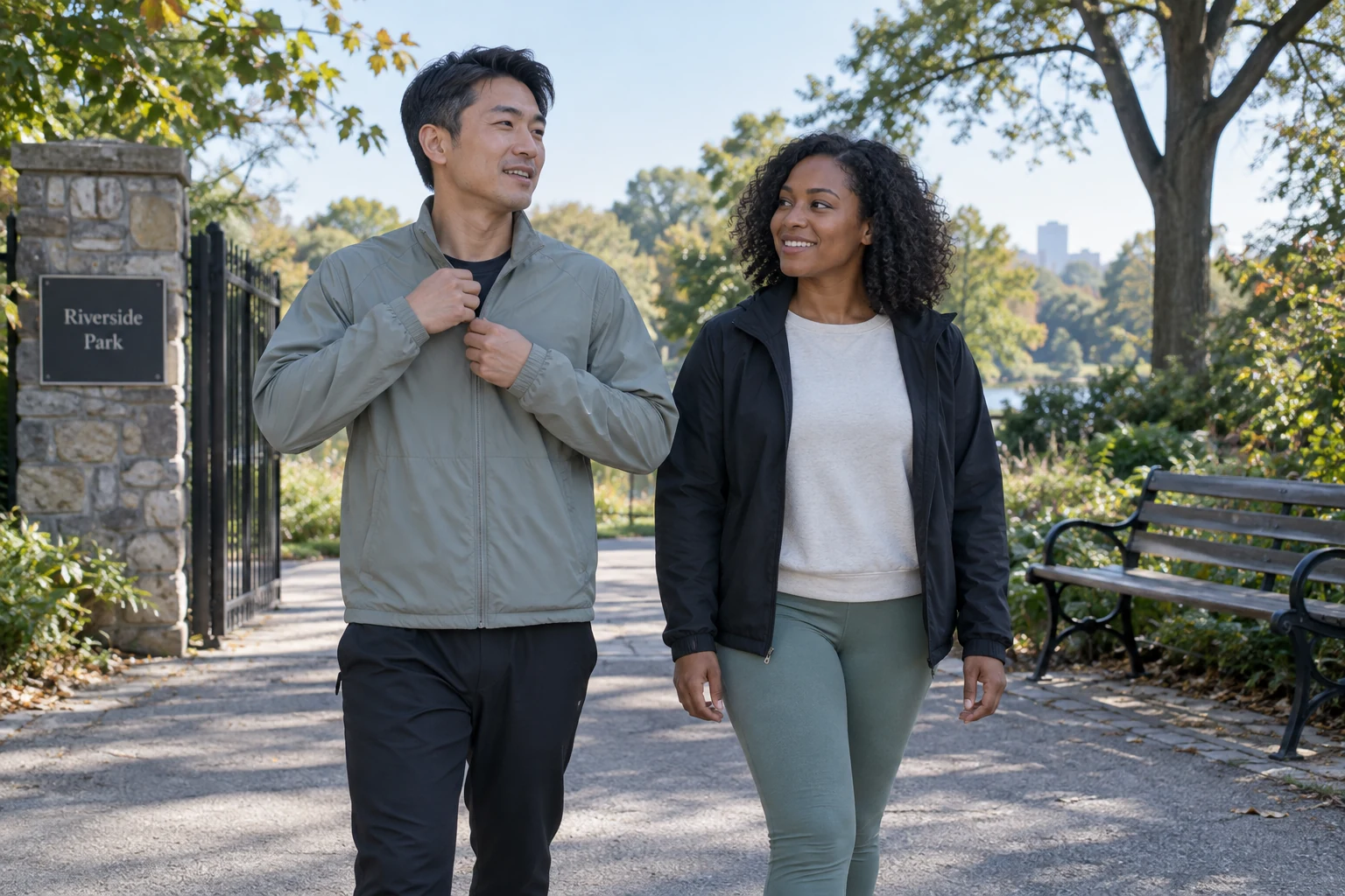 An East Asian man adjusts a light jacket before walking with a Black woman beside a leafy park path.