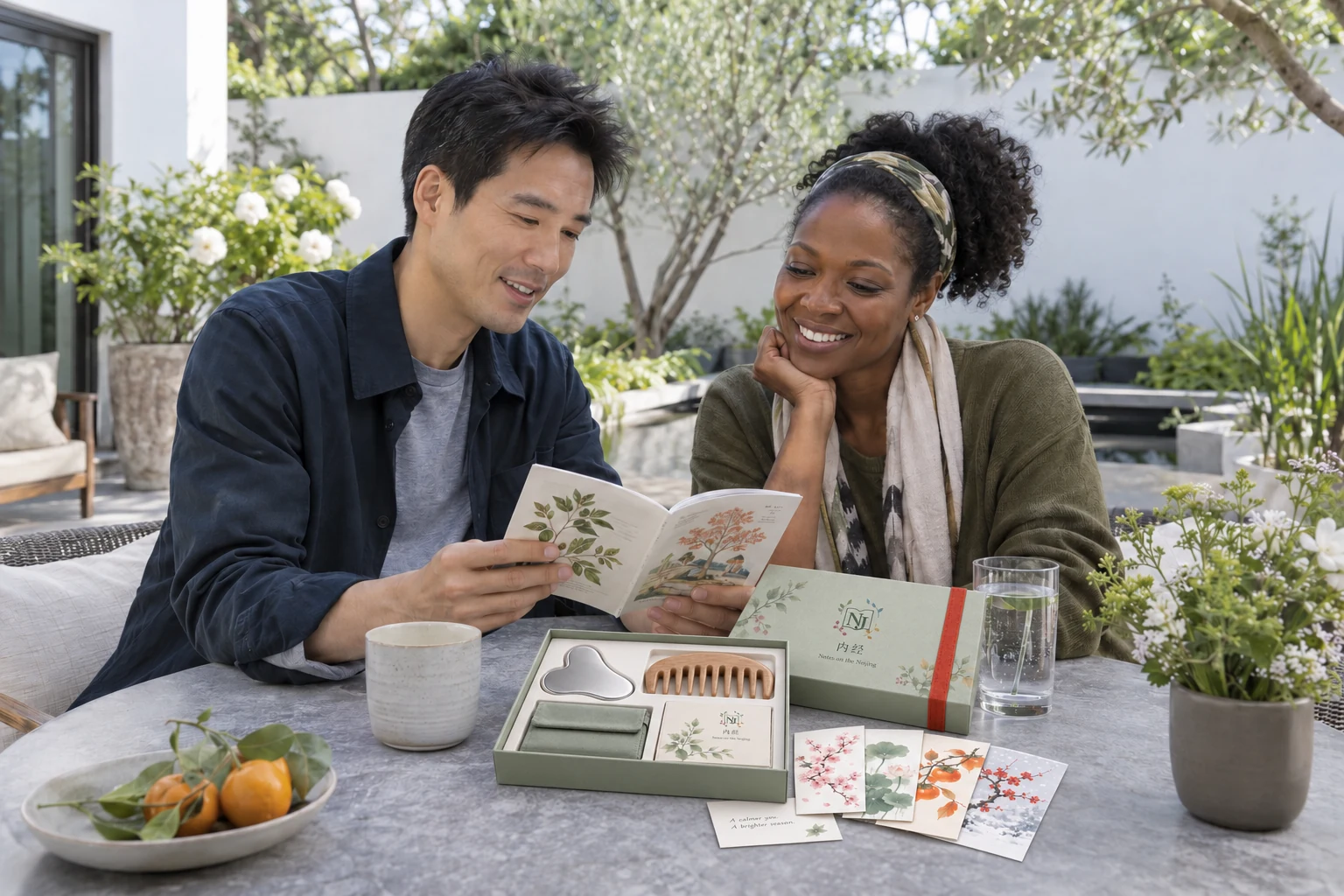 An East Asian man and a Black woman sharing a booklet in a garden beside the complete branded care set: silver gua sha tool, wooden comb, pouch, booklet and four seasonal cards. AI editorial illustration.