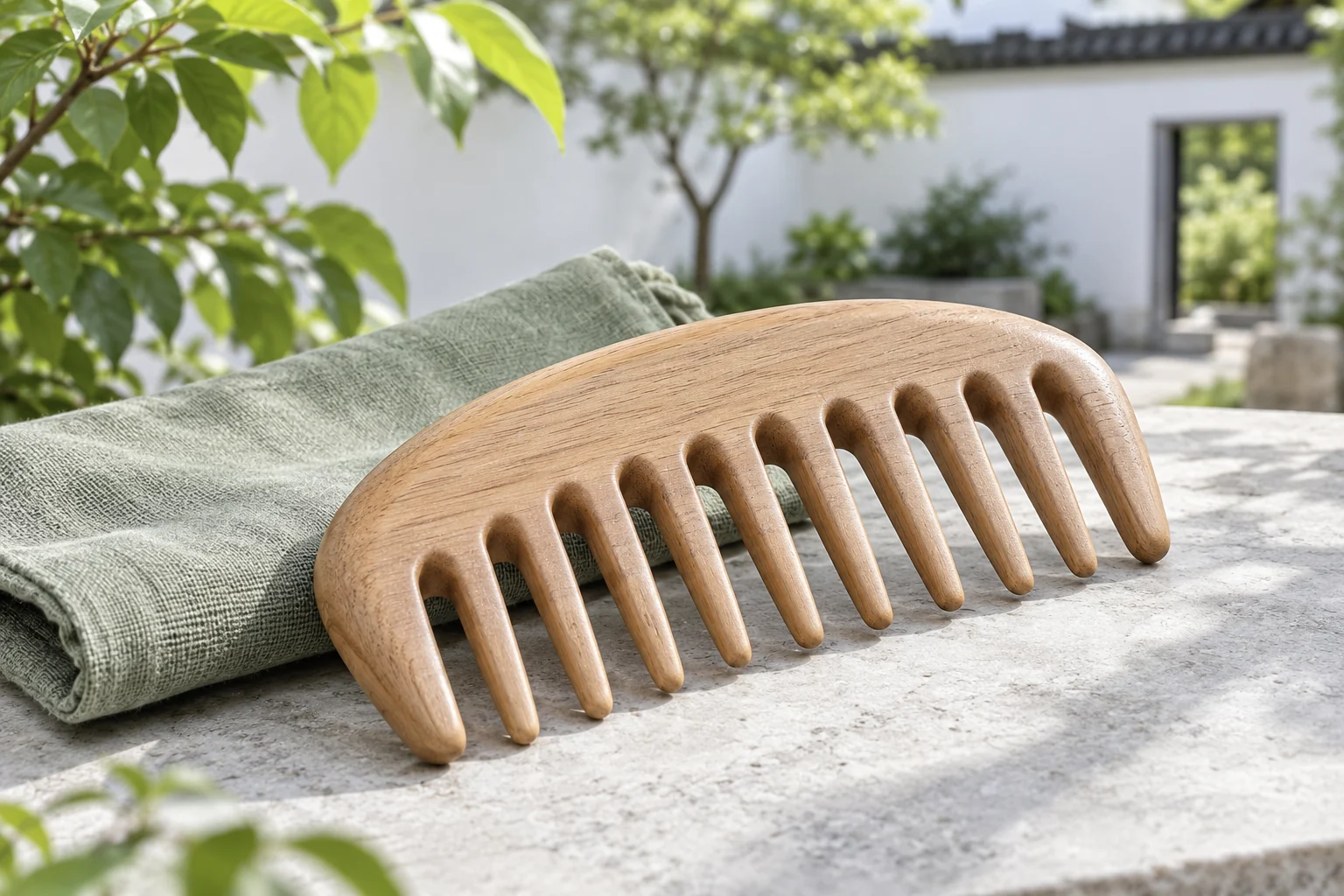 A rounded wooden wide-tooth comb and sage pouch on a garden table; an AI illustration of the proposed comb.