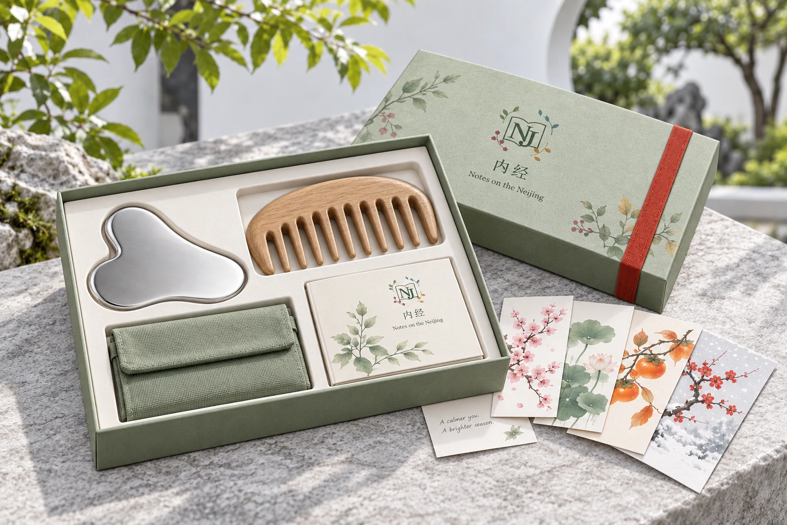 A silver care tool and wooden comb in separate compartments of a sage branded gift set, with pouch, booklet and seasonal cards; an AI packaging illustration.