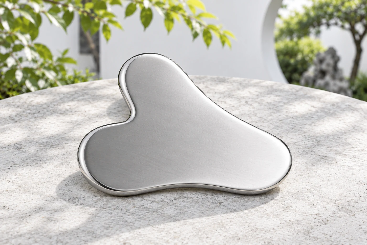 One silver gua sha tool with a broad face and rounded contour on a pale courtyard table; an AI product illustration.