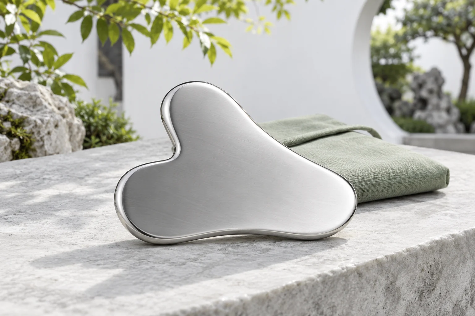 Silver rounded gua sha tool and sage pouch on a stone table in a light Chinese courtyard; AI product concept.