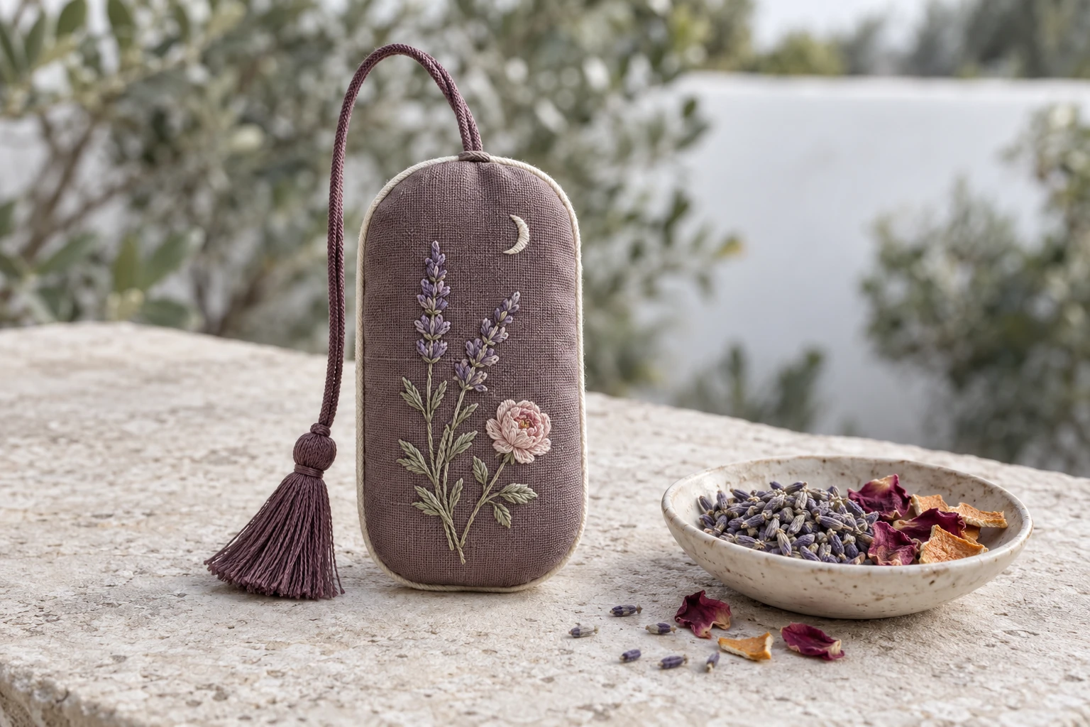 A dusty-plum rounded sachet with lavender, rose and a small crescent. AI product design concept.