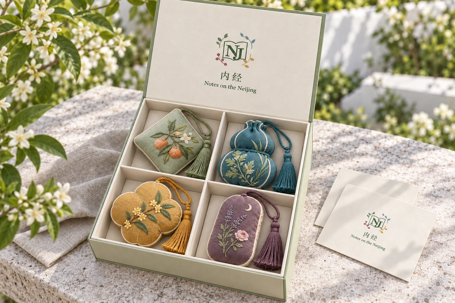Open sage square NJ gift box containing four plump embroidered sachets: a citrus diamond, teal gourd, gold osmanthus form and plum lavender form, in separate compartments. AI packaging concept.