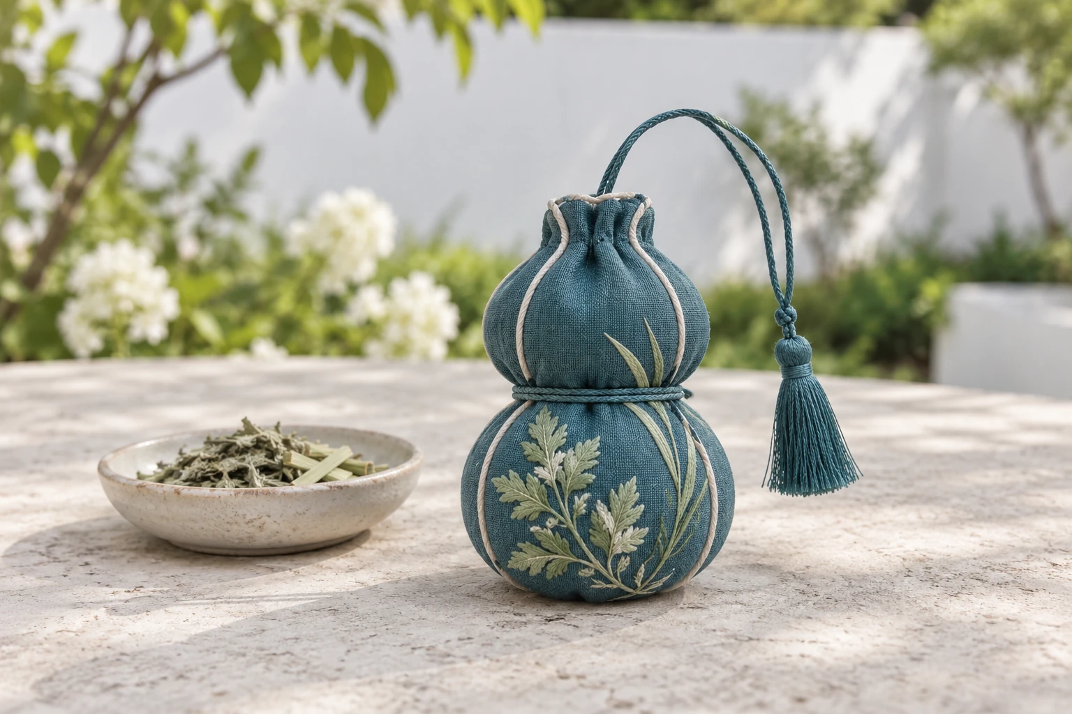 A lake-teal gourd with mugwort and lemongrass embroidery. AI product design concept.