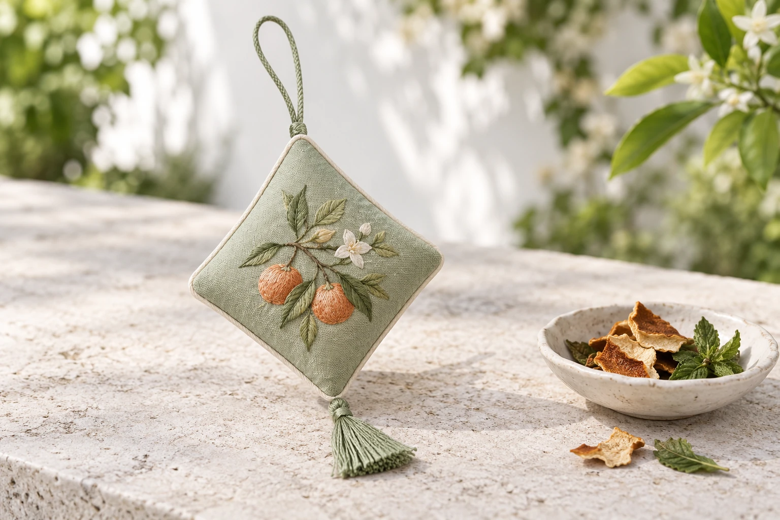 A soft sage diamond with citrus embroidery. AI product design concept.