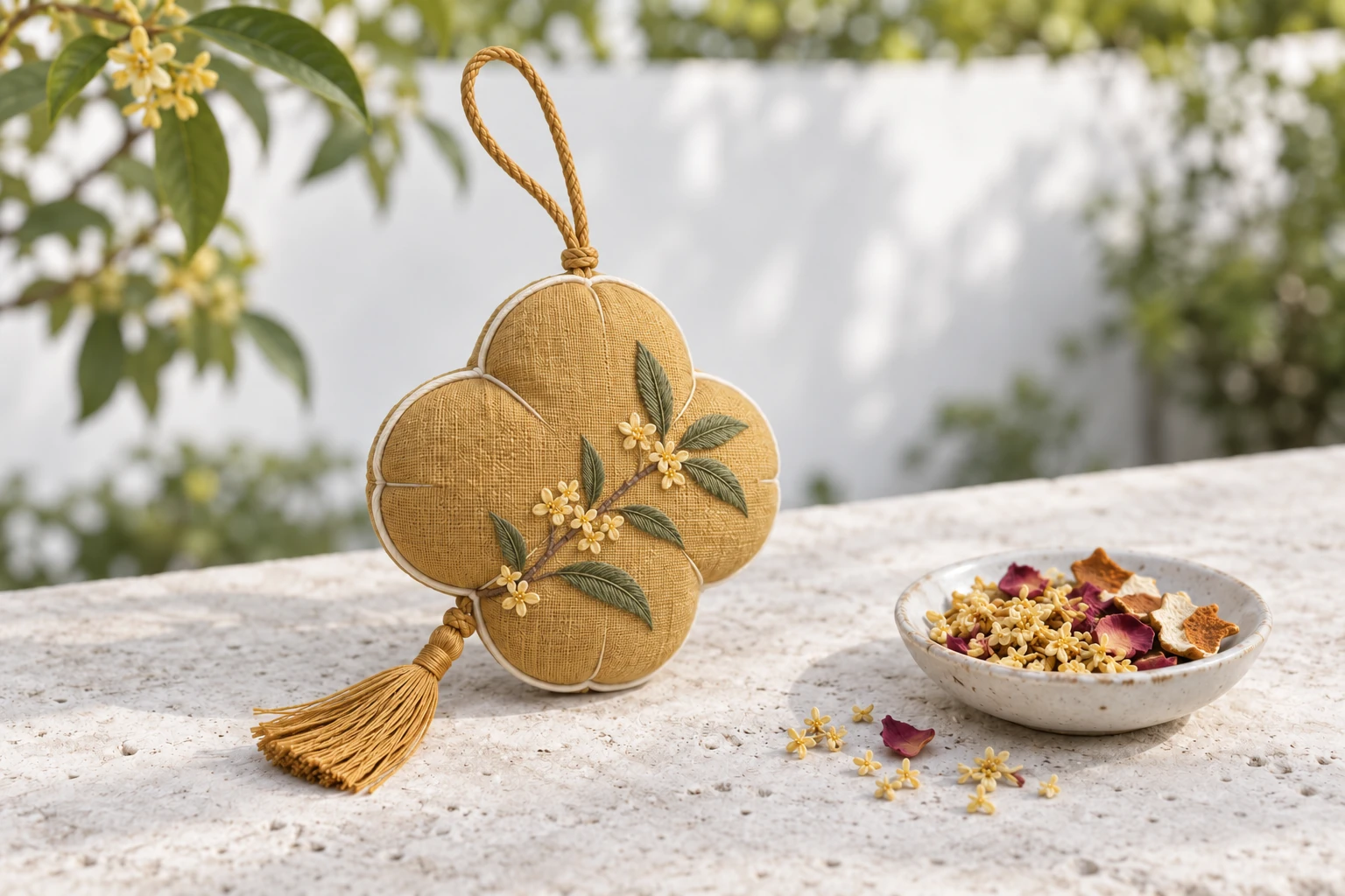 A honey-gold four-lobed form with small osmanthus blossoms. AI product design concept.