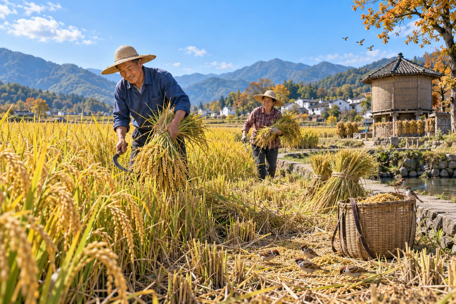 Rice harvesting, gathered sheaves, and gleaning birds show autumn work in some rice-growing regions. AI-generated illustration.