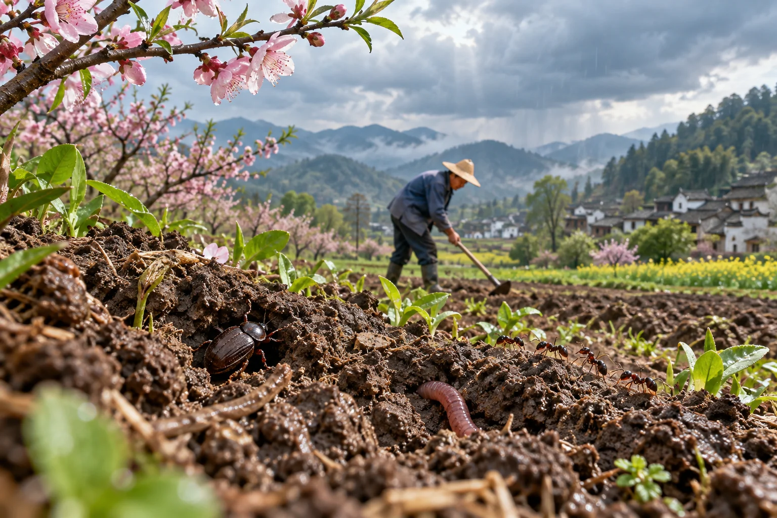 Beetles, ants, and an earthworm connect soil life with spring fieldwork; blossom recalls traditional phenology. AI-generated illustration.