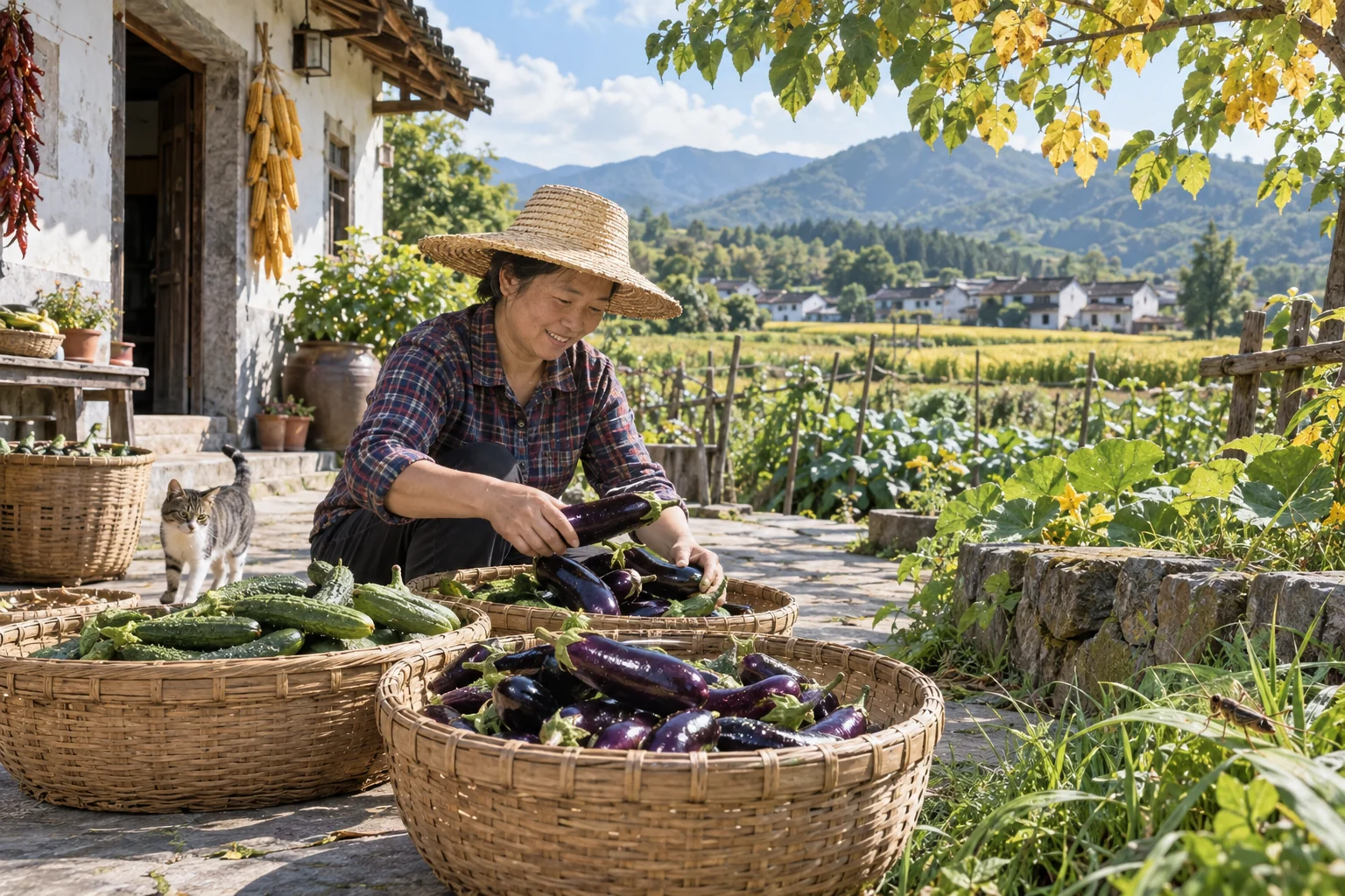 A villager sorts late-summer vegetables while the landscape remains mostly green. AI-generated illustration.