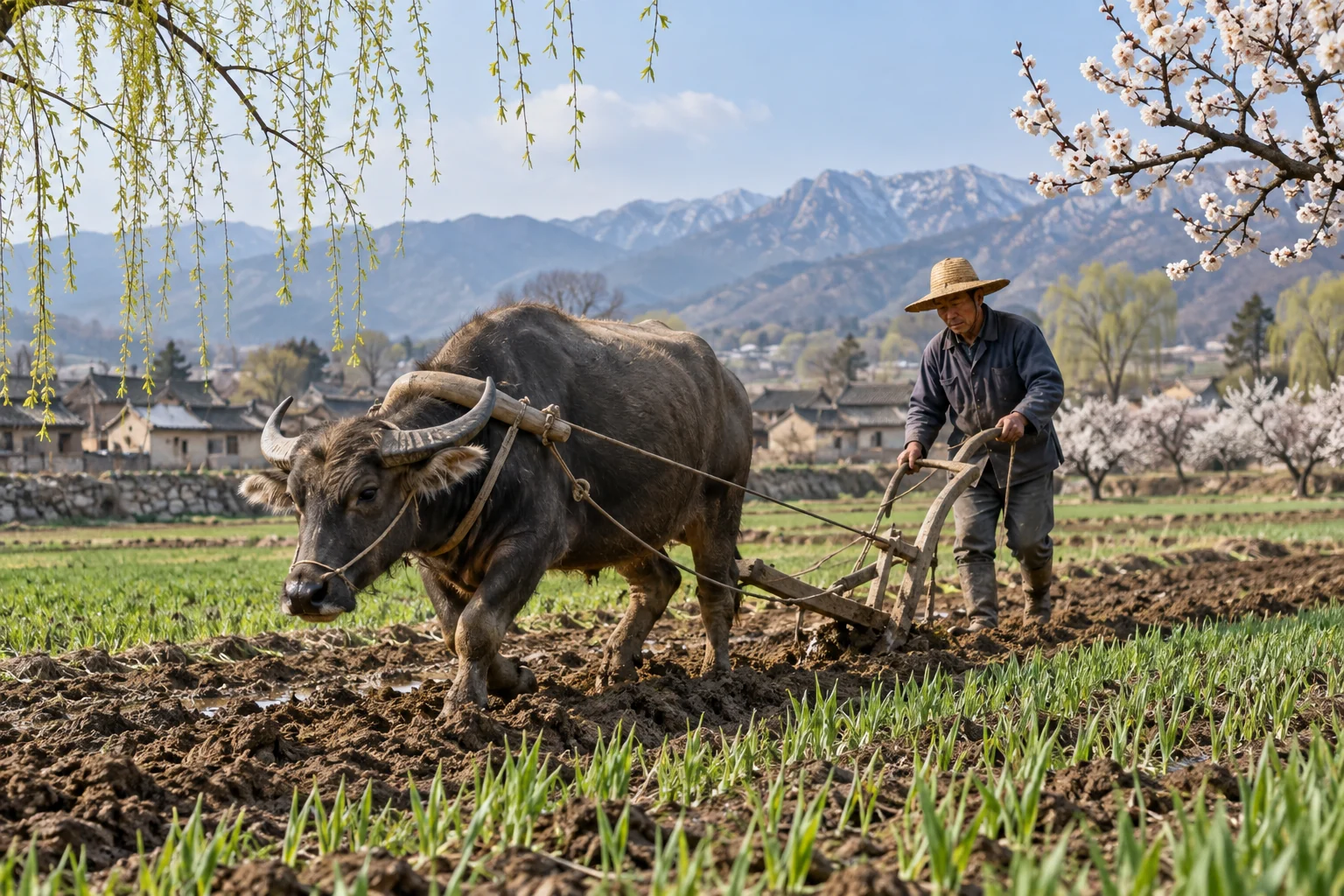 A farmer prepares the soil while buds and early blossom suggest renewal. AI-generated illustration.