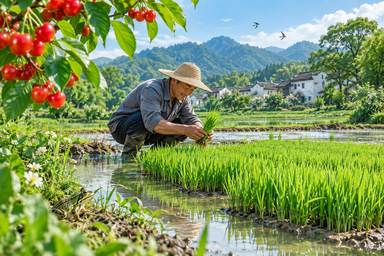 Young rice seedlings and ripening cherries suggest early summer. AI-generated illustration.