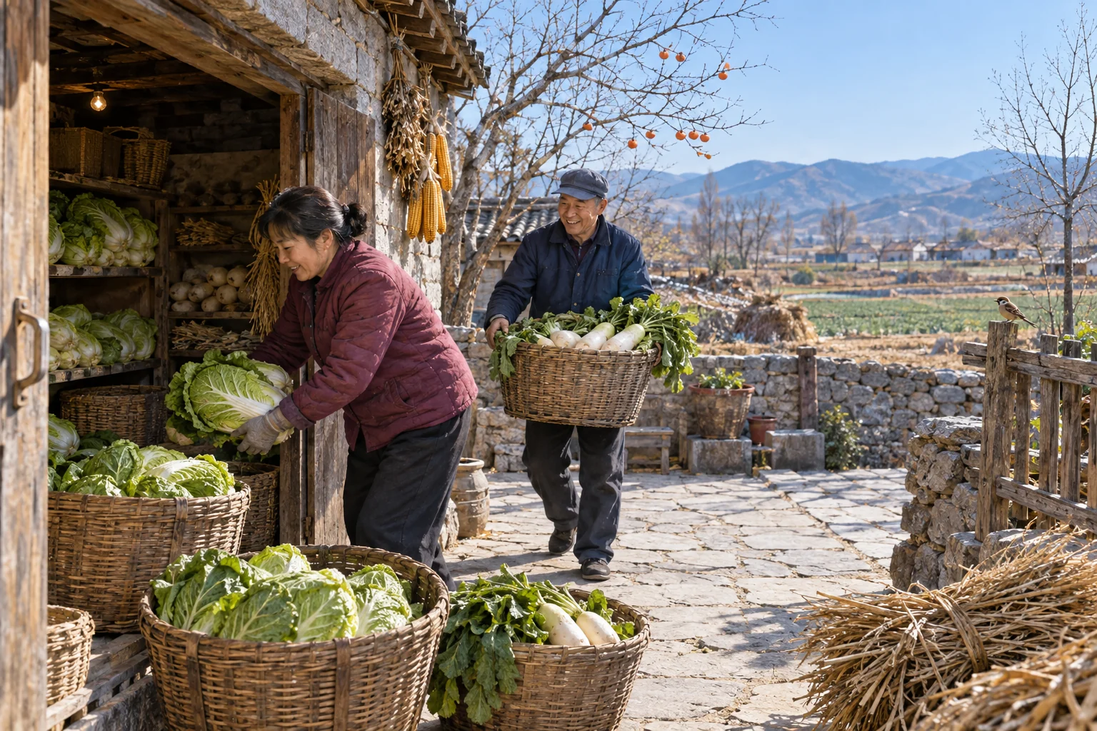Villagers carry cabbage and radishes into storage, shifting attention from harvest to winter preparation. AI-generated illustration.