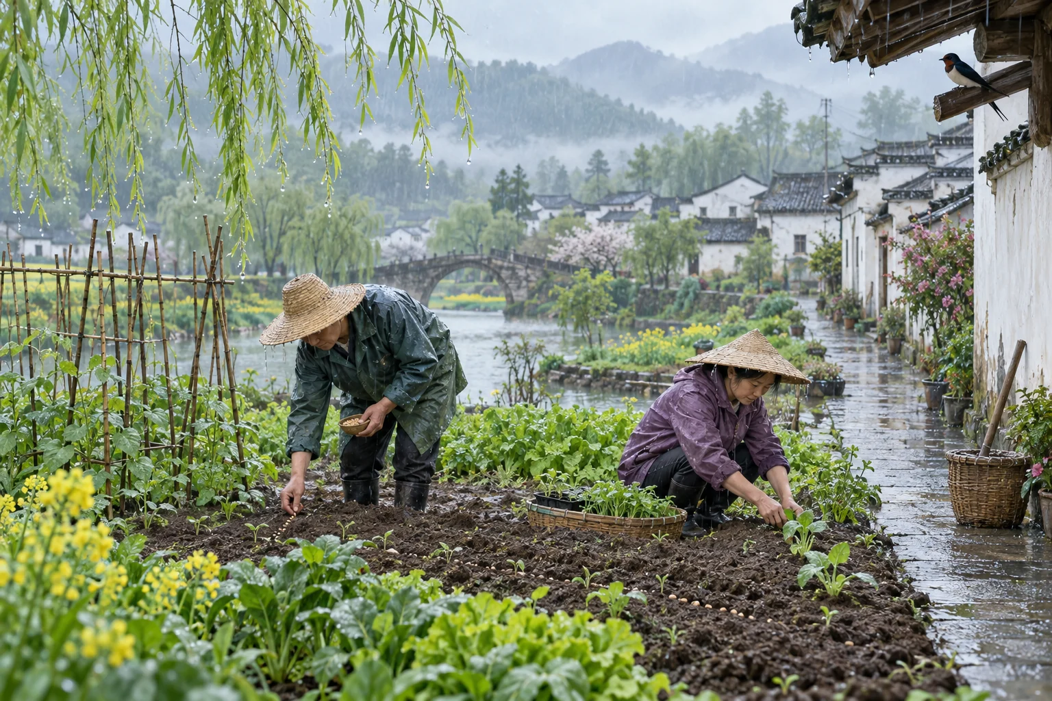 Villagers plant a vegetable plot in gentle spring rain. AI-generated illustration.