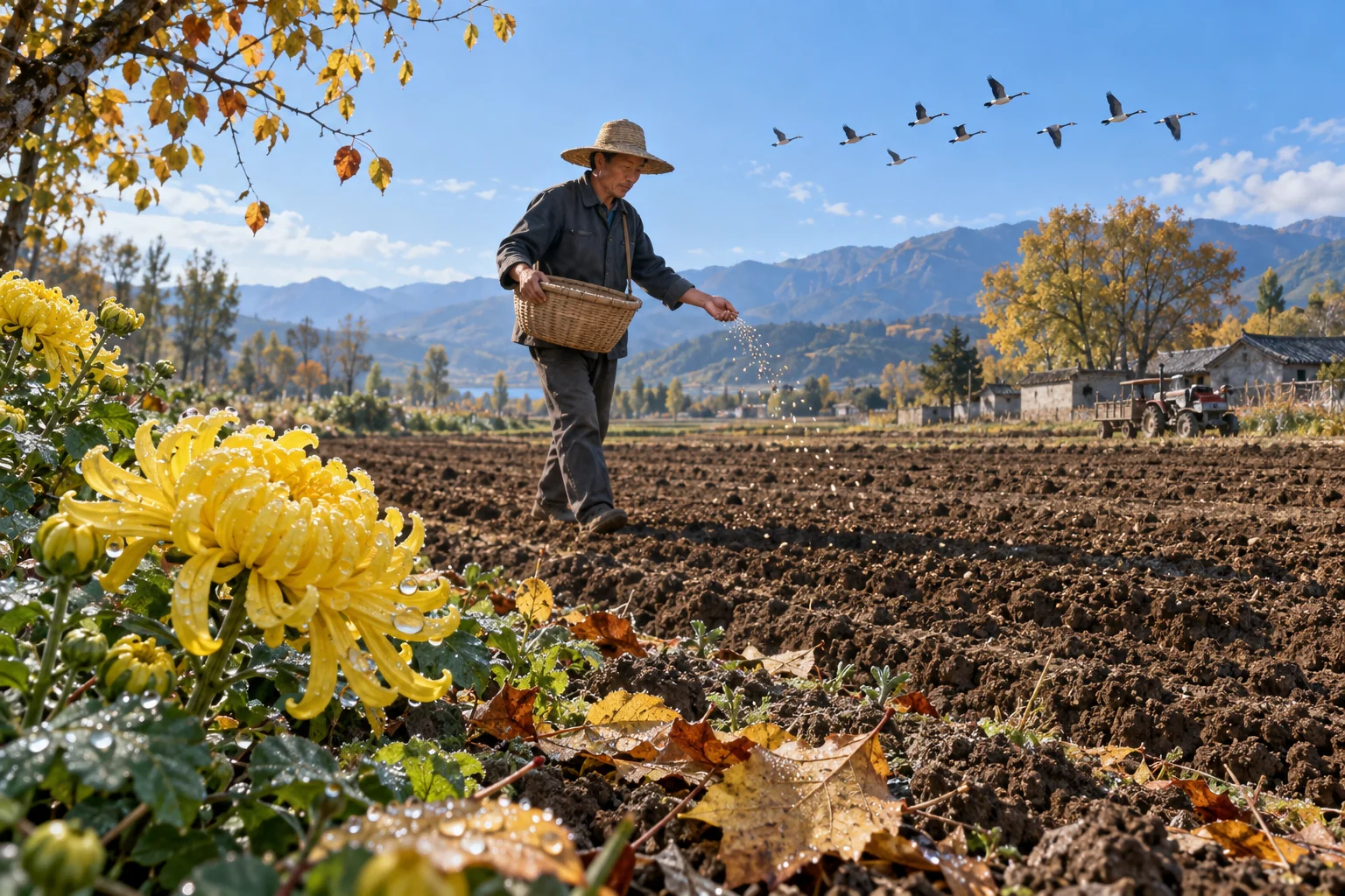 Sowing prepared ground beside chrysanthemums shows that autumn includes planting as well as harvest. AI-generated illustration.