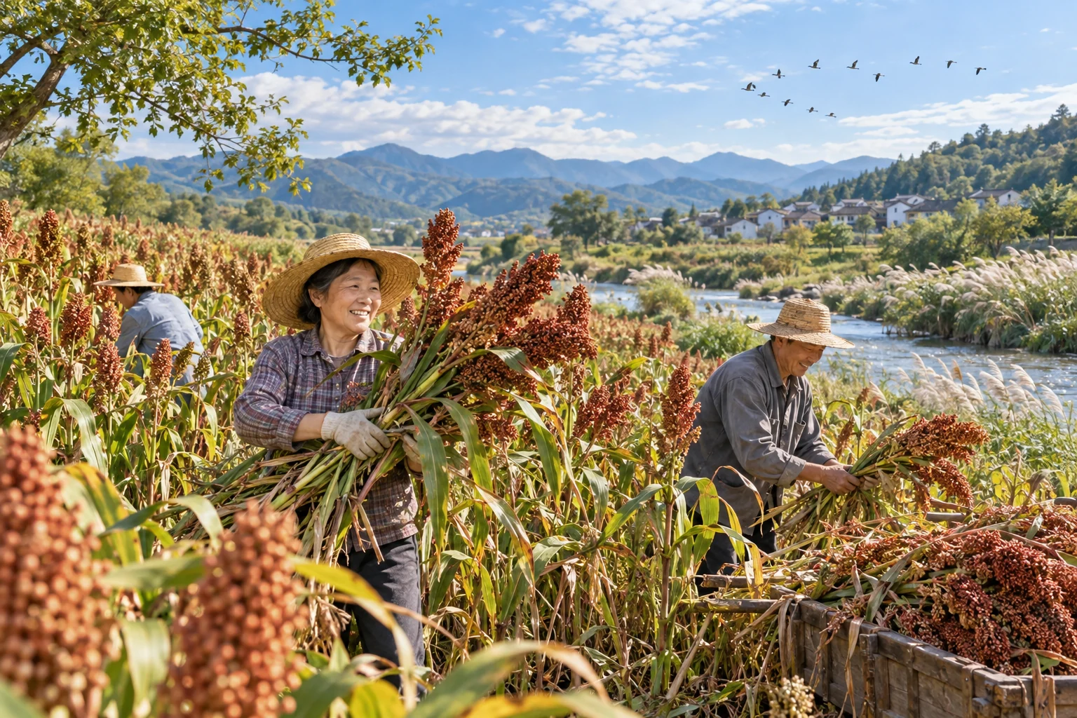 Ripe sorghum and fieldwork suggest the passage from late summer toward autumn. AI-generated illustration.