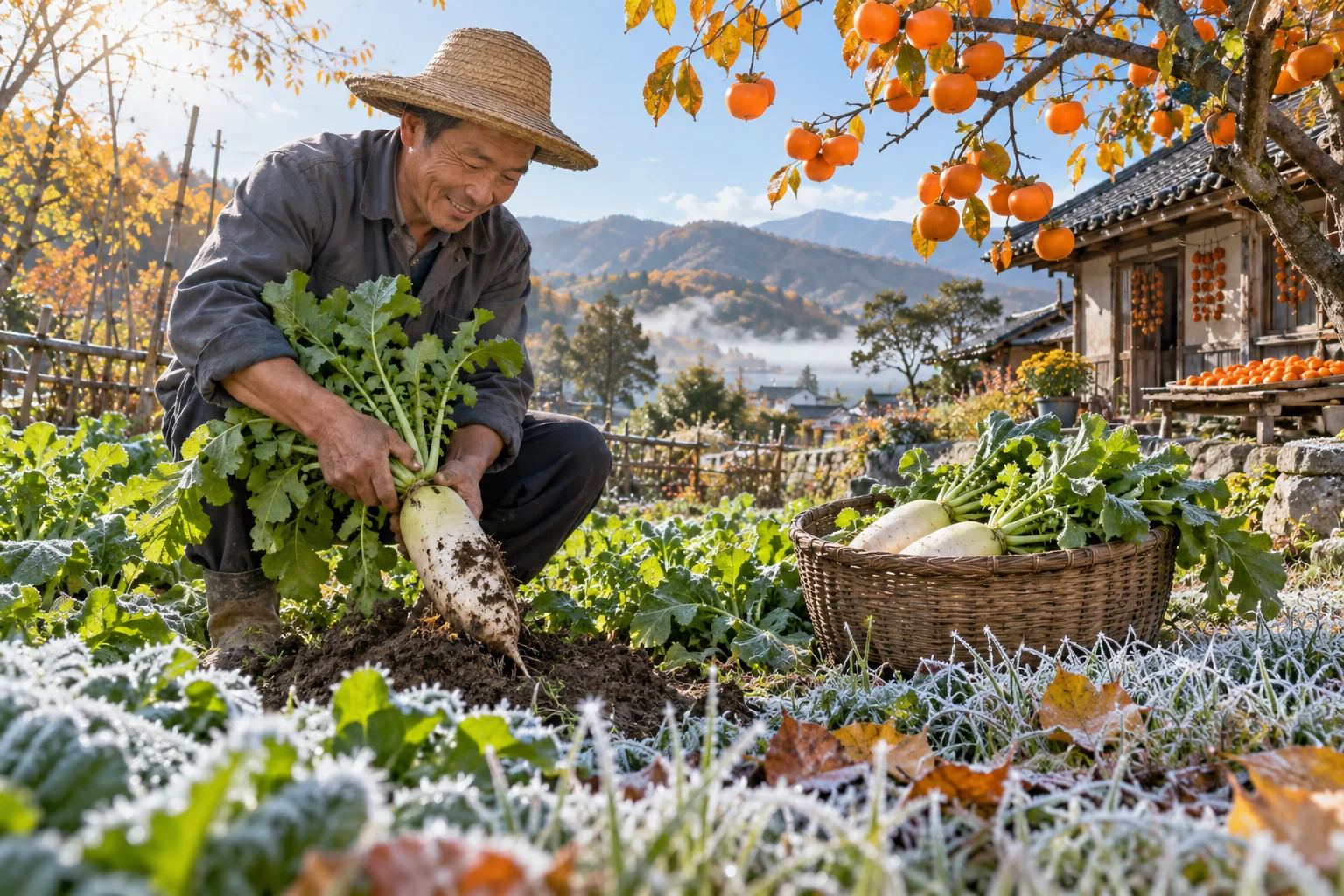 Radish harvesting, ripe persimmons, and thin frost convey late autumn. AI-generated illustration.