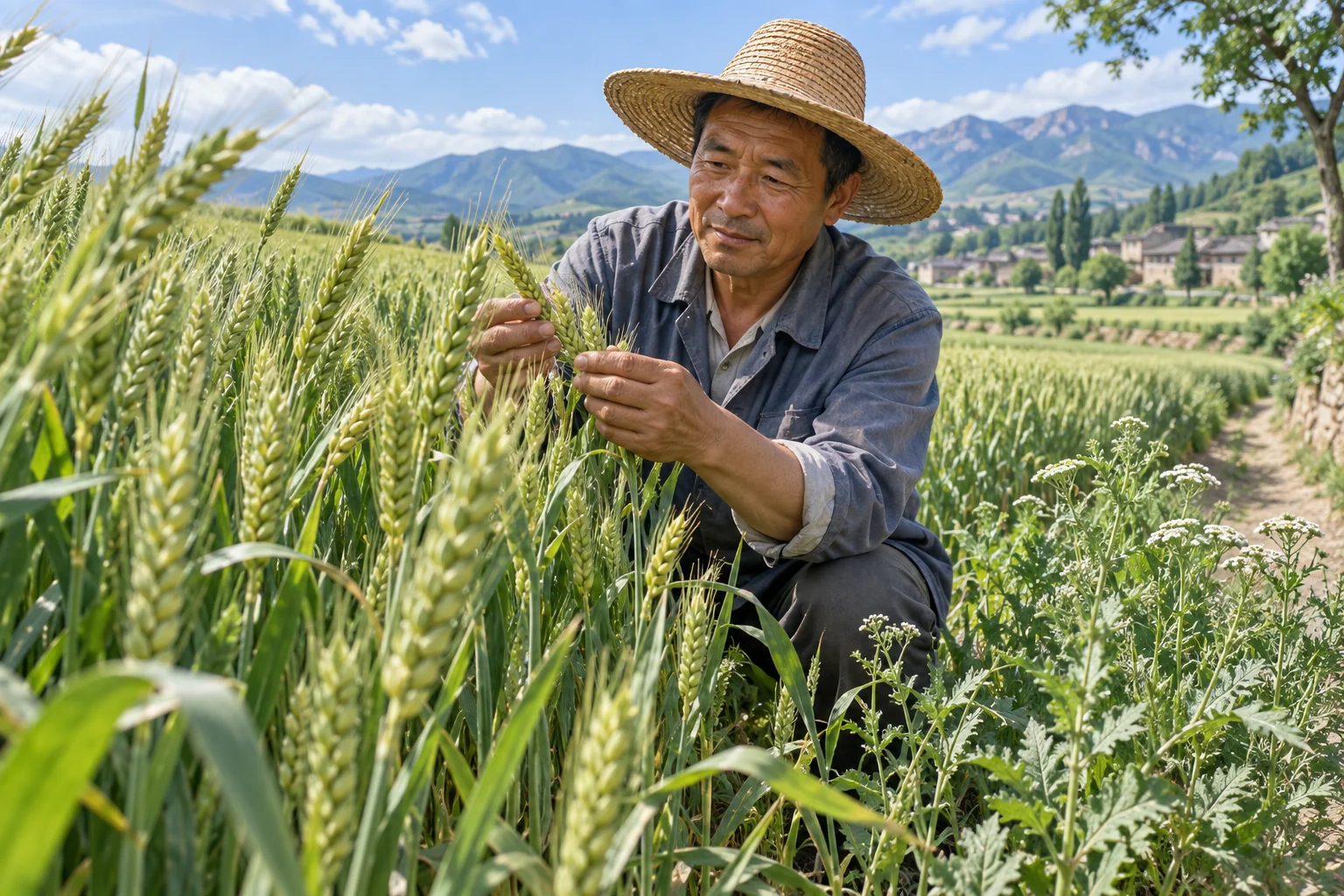 A farmer examines wheat whose grains are filling while the ears remain largely green. AI-generated illustration.