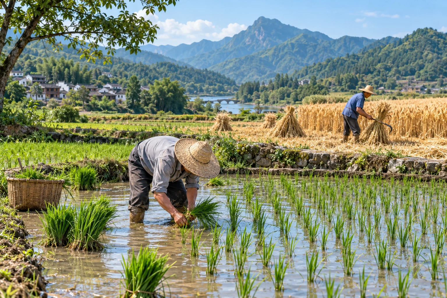 Rice transplanting and wheat harvesting illustrate the busy transition between crops. AI-generated illustration.