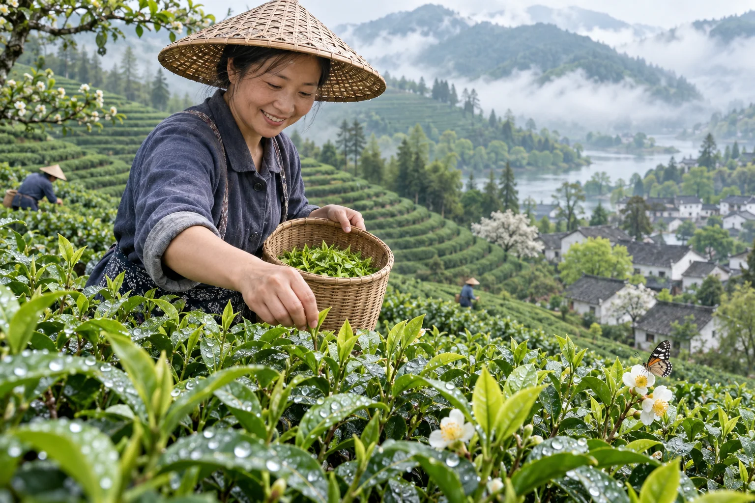 Tender leaves and a tea picker bring late spring into focus. AI-generated illustration.