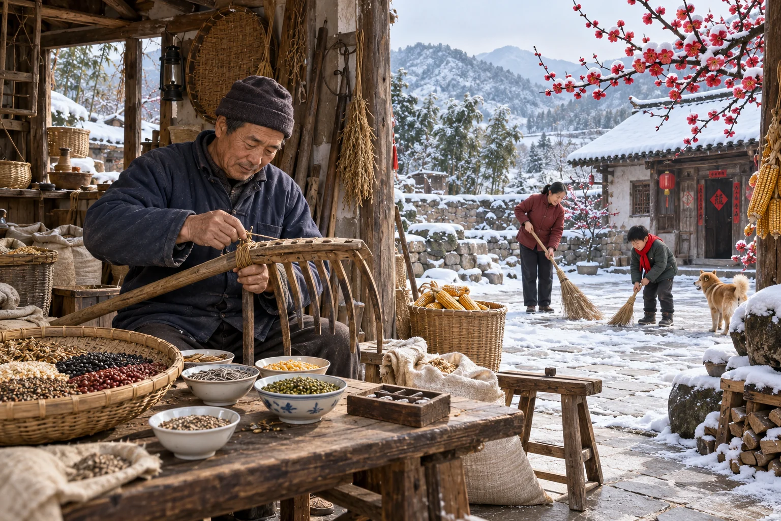 Repairing tools, sorting saved seeds, and sweeping a courtyard connect winter preparation with the next farming cycle and approaching New Year traditions. AI-generated illustration.