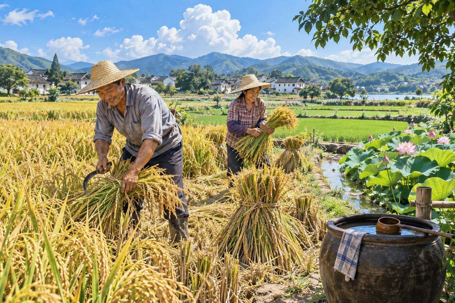 Farmers harvest mature early rice while lotus and green surroundings keep the setting in summer. AI-generated illustration.