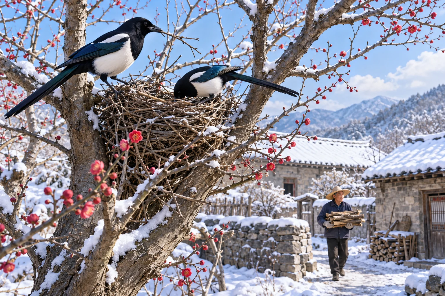 Magpies carrying twigs recall the traditional phenology image of nest building, while firewood connects the scene with winter life. AI-generated illustration.