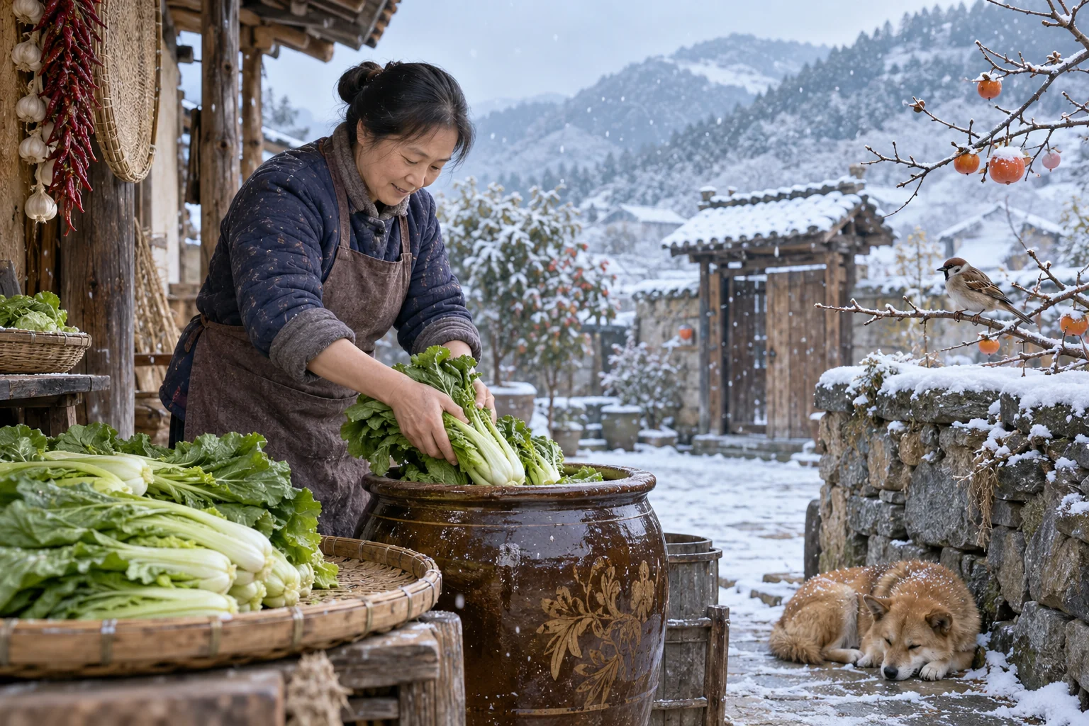 Preparing vegetables in a crock recalls winter food-preservation traditions found in some localities. AI-generated illustration.