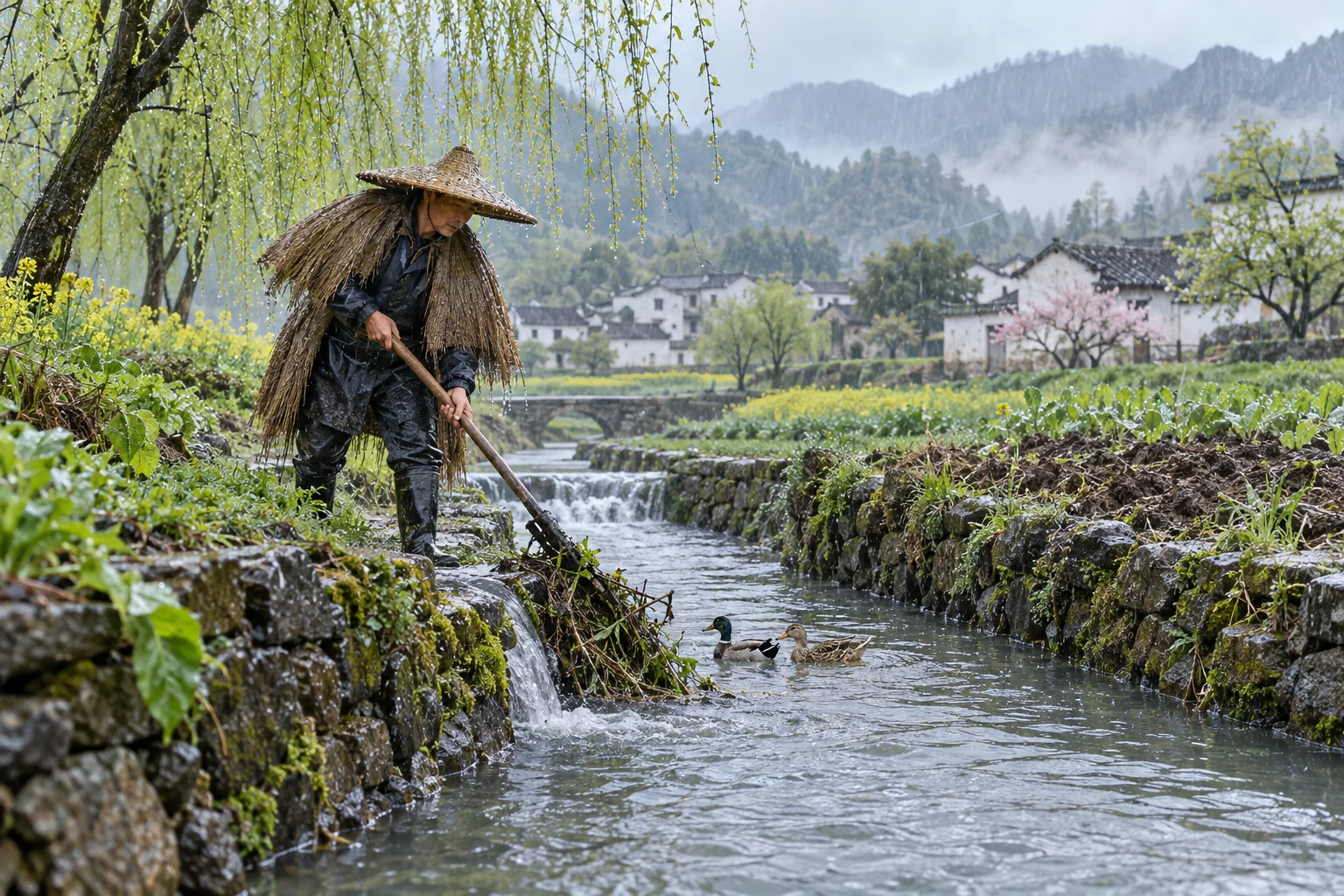 Rain, a wet channel, and a farmer clearing its banks show the role of water in spring farming. AI-generated illustration.