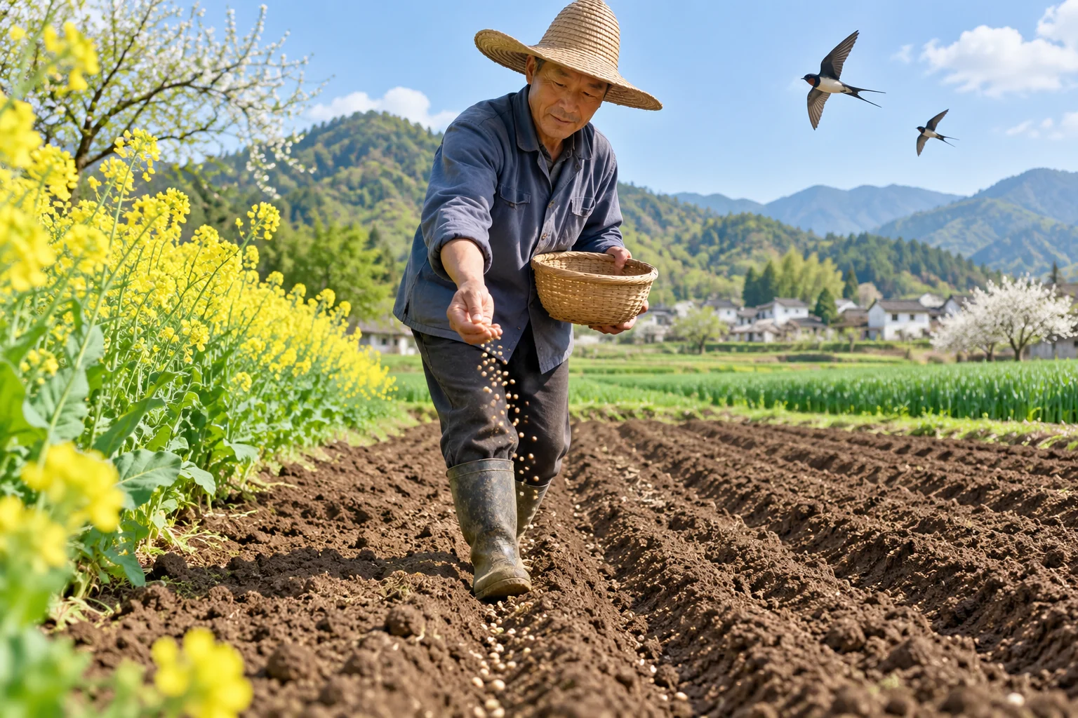 Hand-sowing, furrows, swallows, and spring flowers tell a planting story. AI-generated illustration.