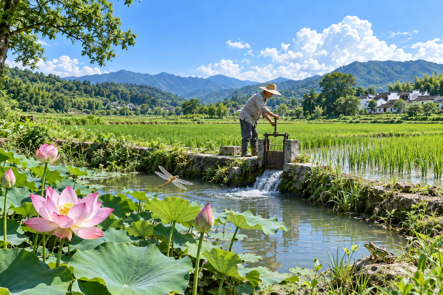 An irrigation channel, growing rice, and lotus connect long summer days with water management. AI-generated illustration.