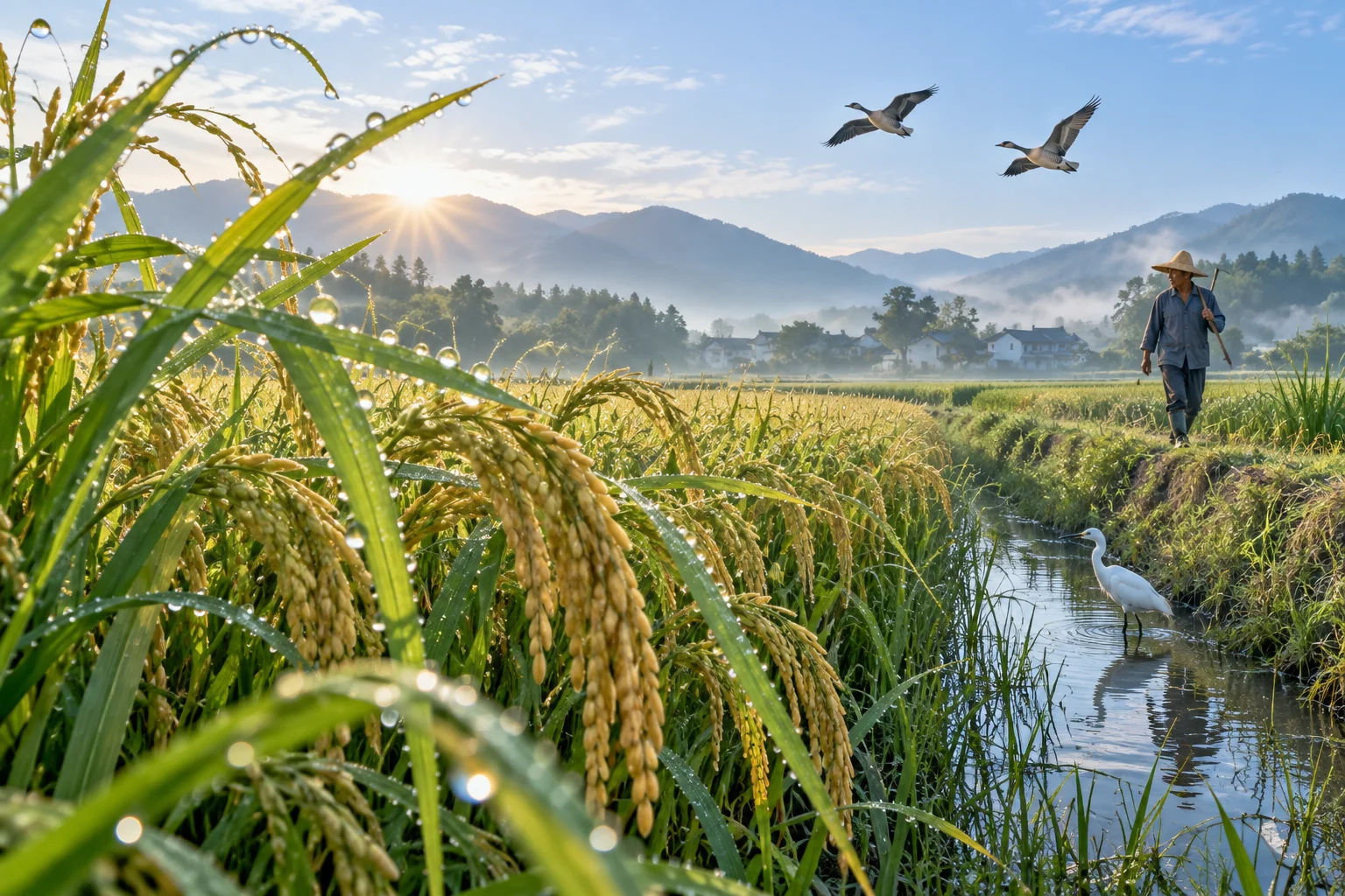 Clear droplets on rice leaves, morning light, and waterbirds highlight dew associated with surface cooling. AI-generated illustration.