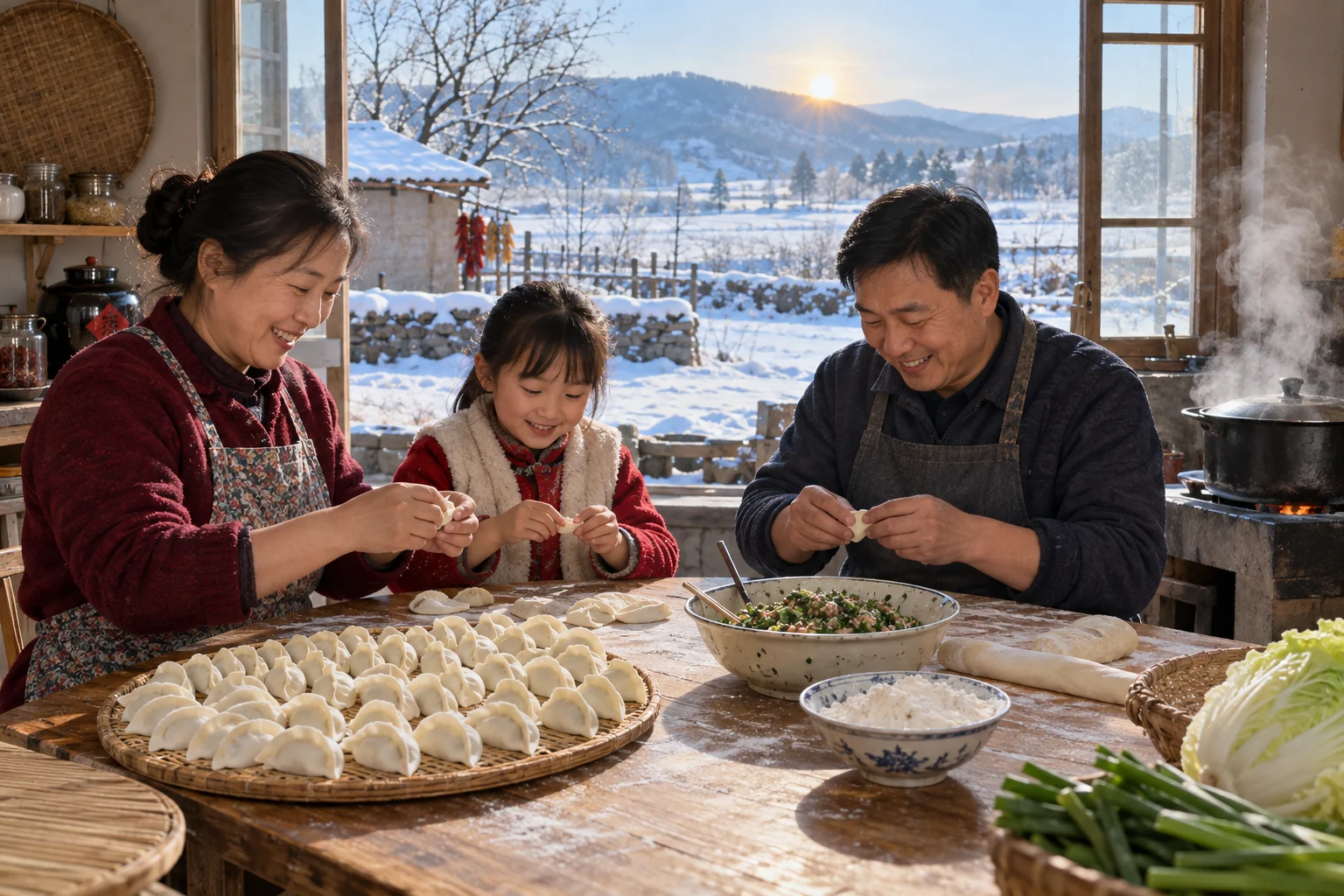 A low winter sun outside and a family shaping dumplings connect the solstice with home life. AI-generated illustration.