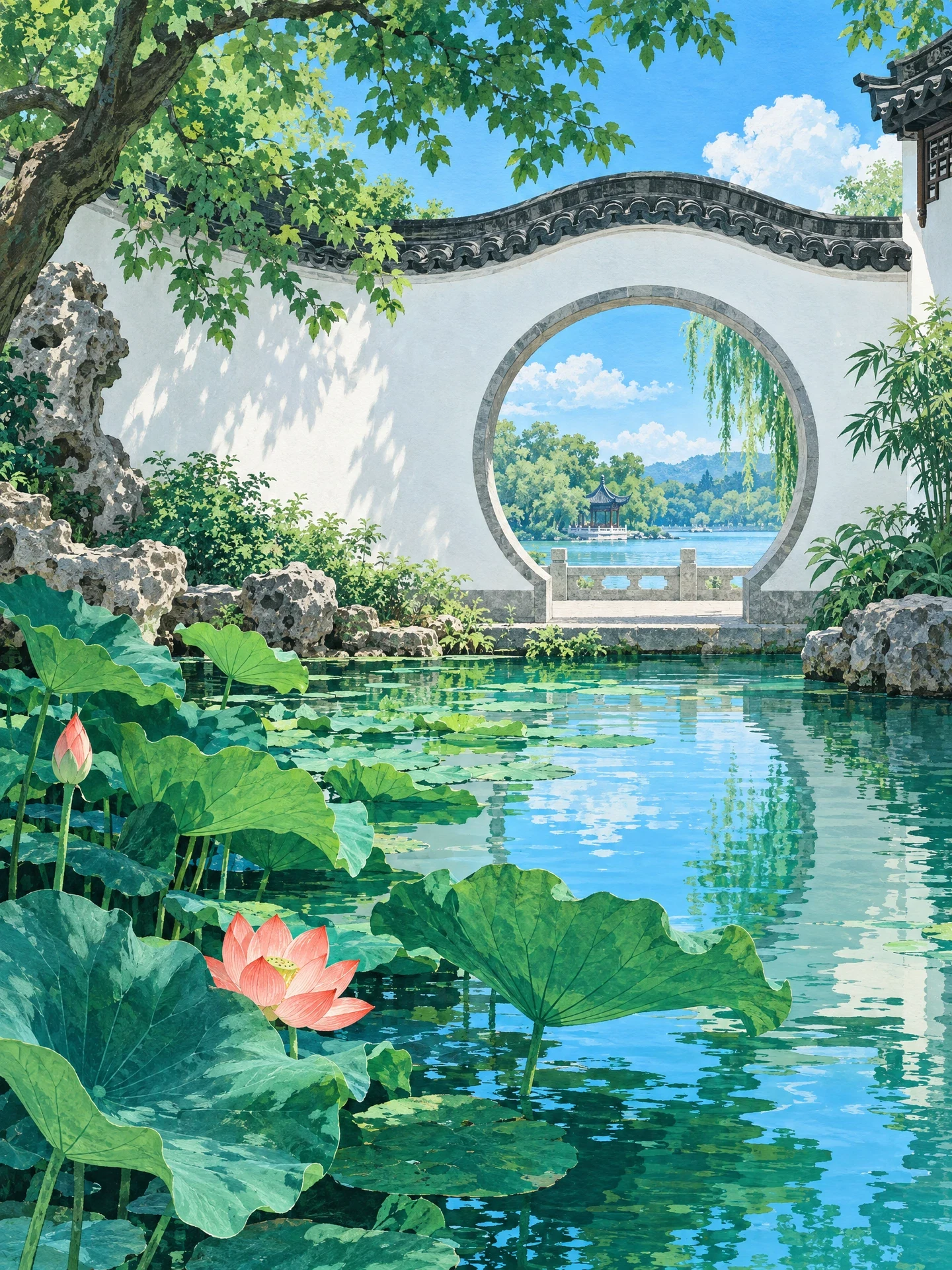 Emerald lotus leaves and pink flowers on a turquoise courtyard pond, framed by a white moon gate.