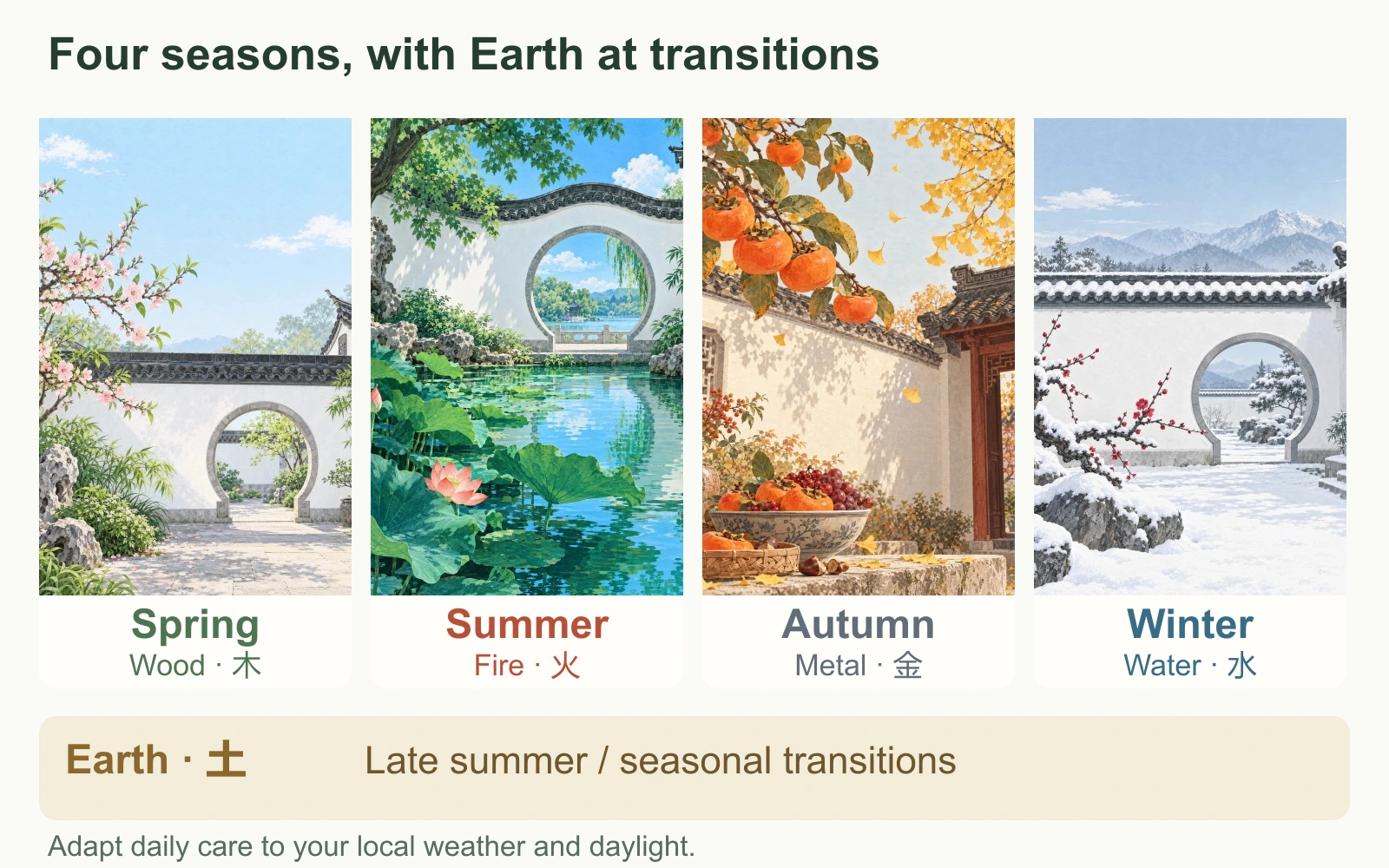 Four distinct courtyard seasons with Spring–Wood, Summer–Fire, Autumn–Metal, Winter–Water; Earth is listed separately for late summer or transitions.