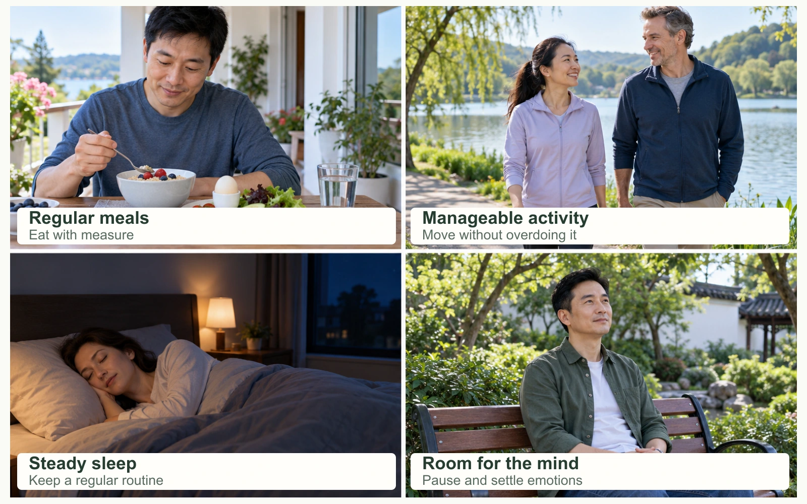 A meal on a daylight veranda, Chinese and Western adults walking outdoors, nighttime sleep and a quiet pause in a garden.