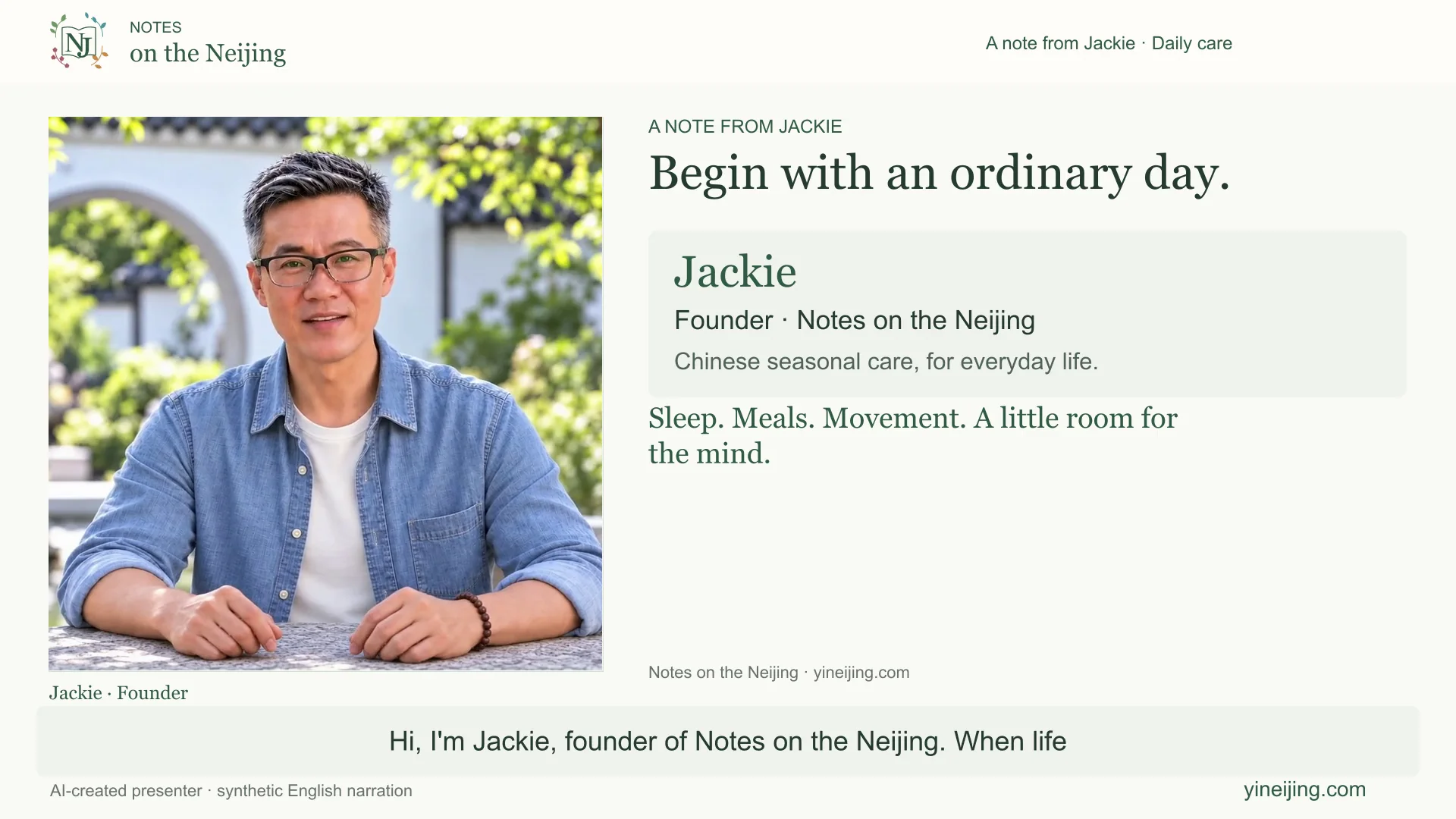 Jackie in a blue denim shirt introducing practical yangsheng alongside teaching cards.