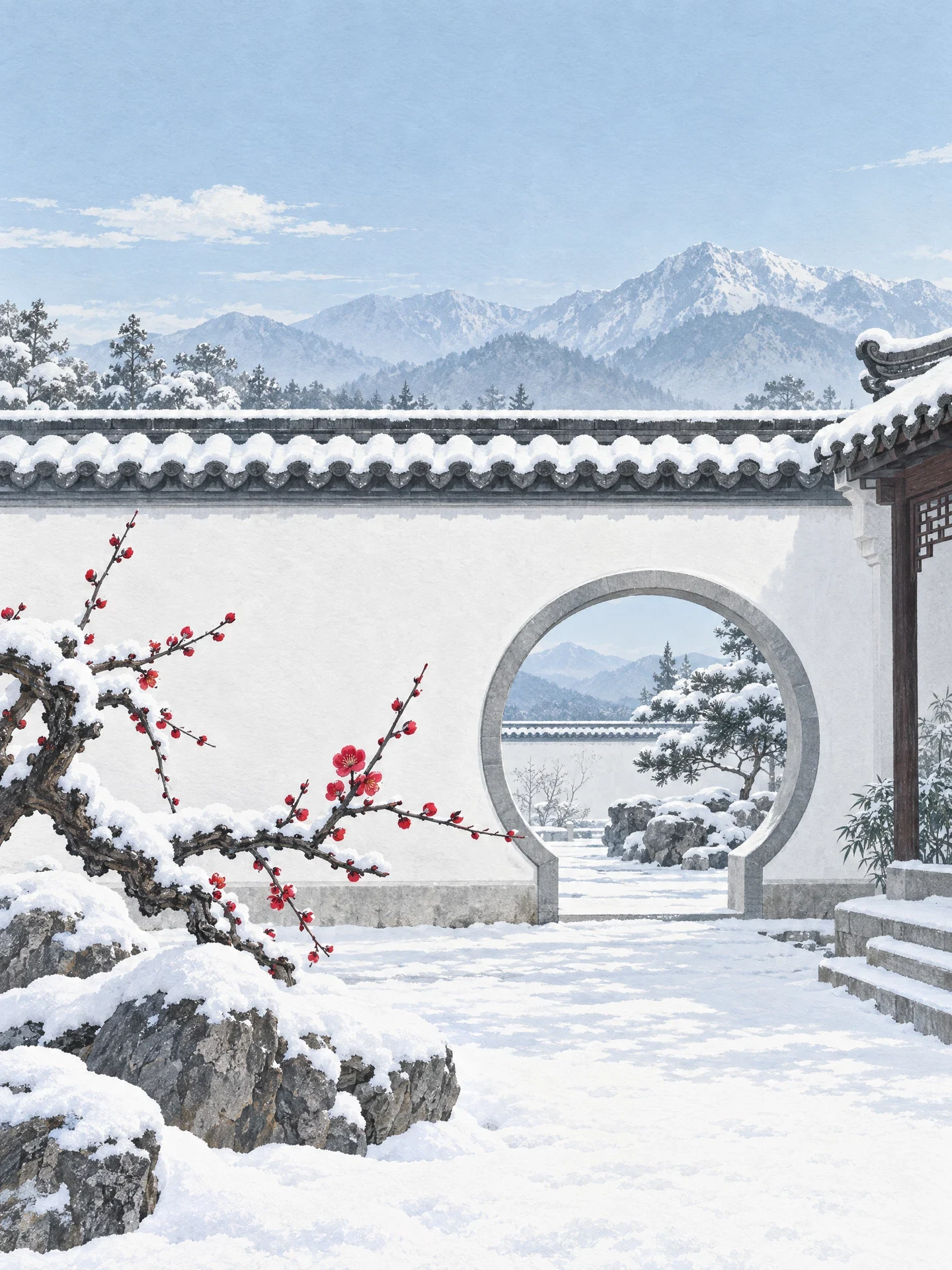 Red plum blossoms in a snow-covered white courtyard, with cool blue-gray mountains beyond a moon gate.